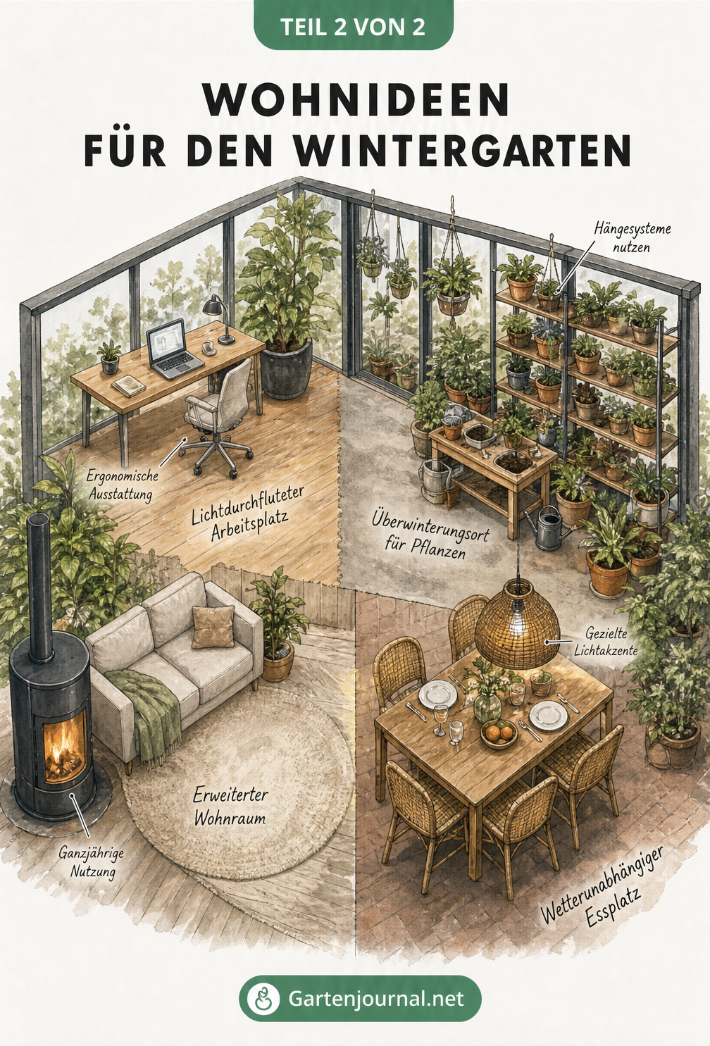 Isometrische Illustration eines Wintergartens, der in vier Zonen unterteilt ist: Home Office, Pflanzenparadies, gemütliches Wohnzimmer und Essbereich.