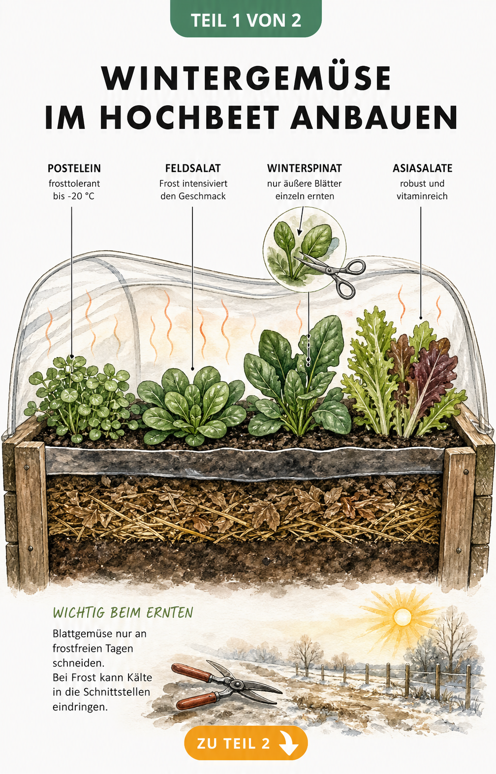Querschnitt eines Hochbeets im Winter mit transparenter Abdeckung und winterhartem Gemüse wie Feldsalat und Spinat