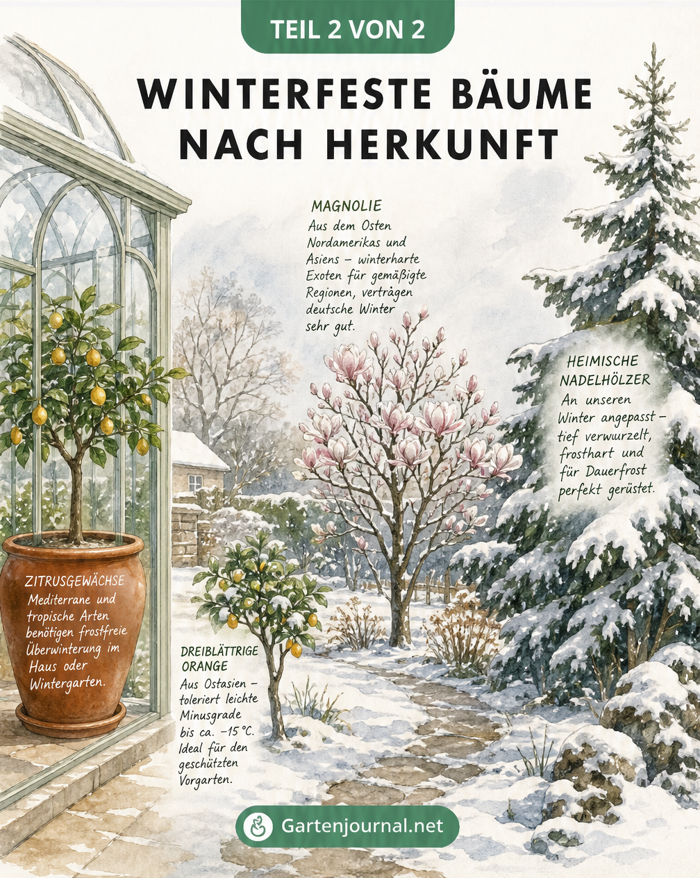 Aquarell-Illustration zur Winterhärte von Bäumen nach ihrer geografischen Herkunft