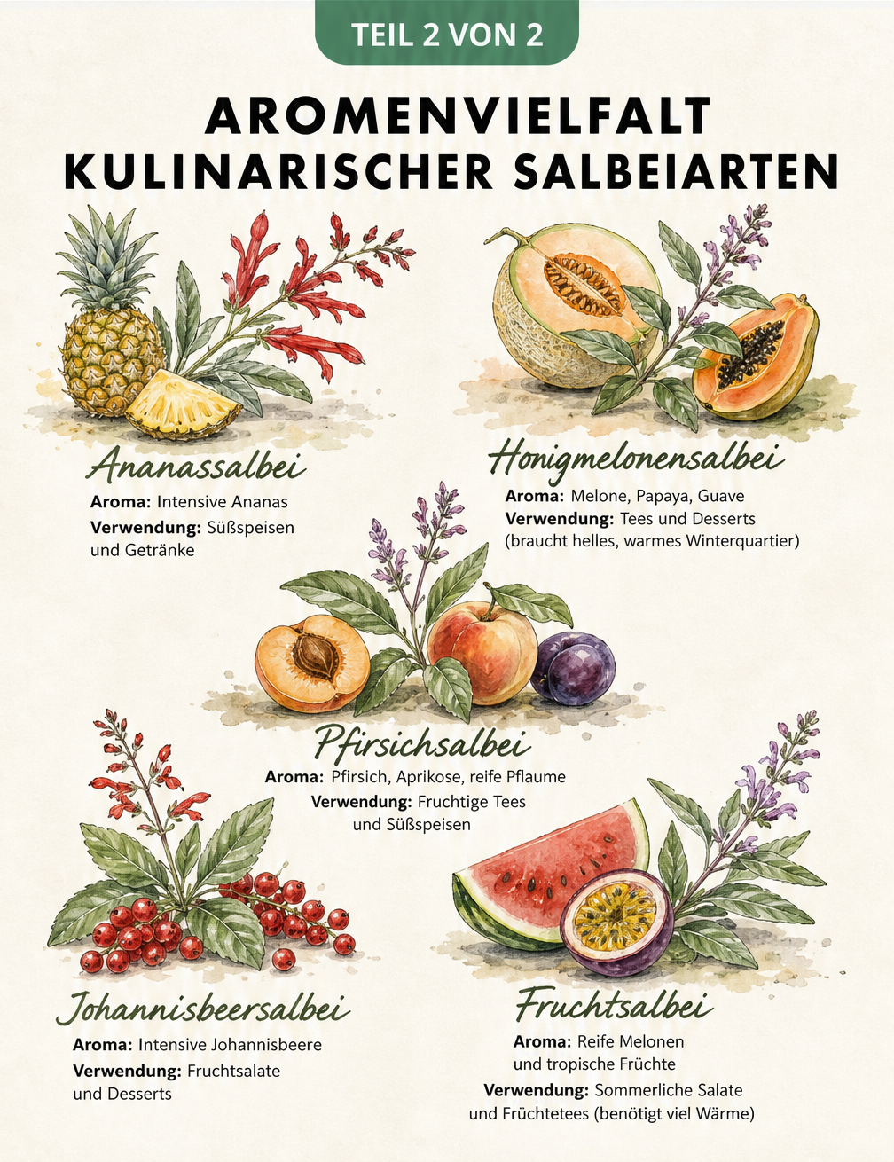 Botanische Illustration von Salbeiarten mit einer Temperaturskala zur Winterhärte
