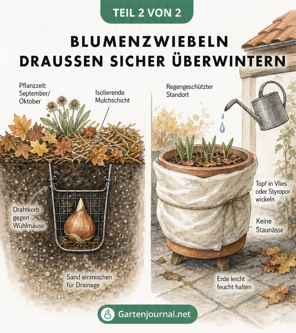 Aquarell-Illustration zur Überwinterung von Blumenzwiebeln im Gartenbeet und im Topf