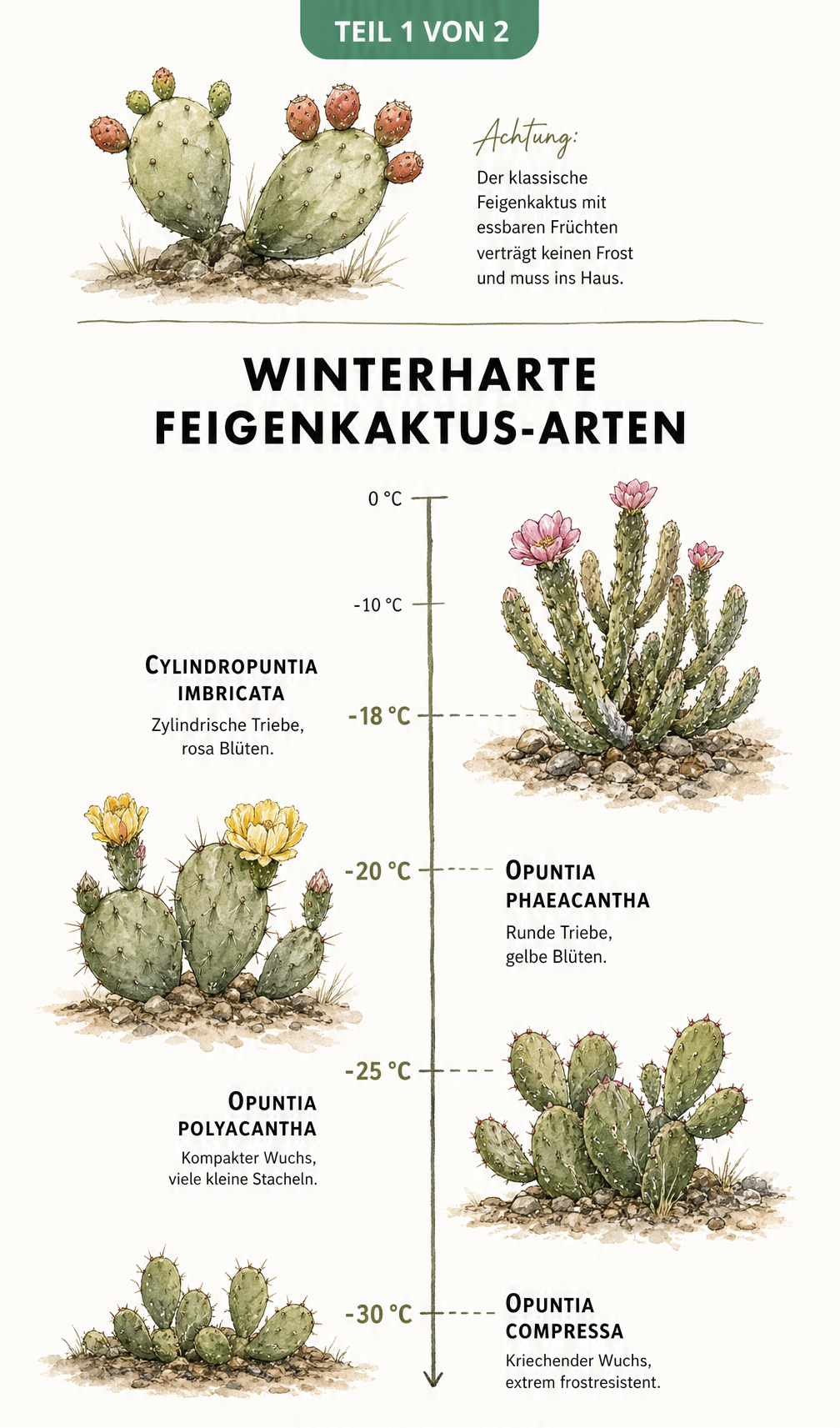Botanische Illustration von vier winterharten Feigenkaktus-Arten mit einer Temperaturskala bis -30 Grad Celsius.