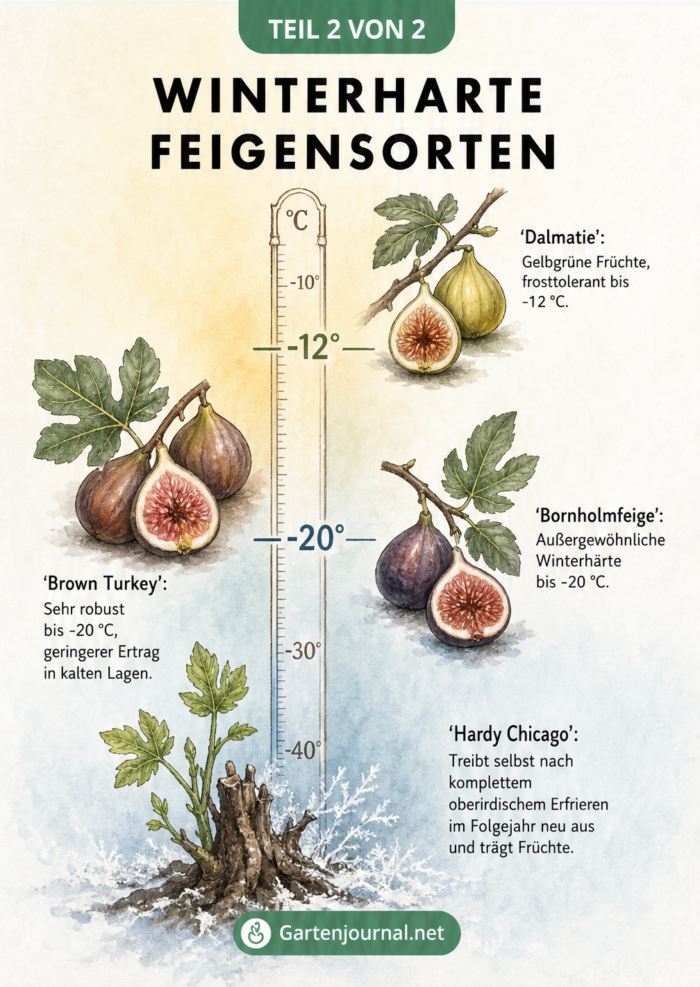 Vintage-Illustration einer Temperaturskala mit winterharten Feigensorten wie Dalmatie, Brown Turkey, Bornholmfeige und Hardy Chicago
