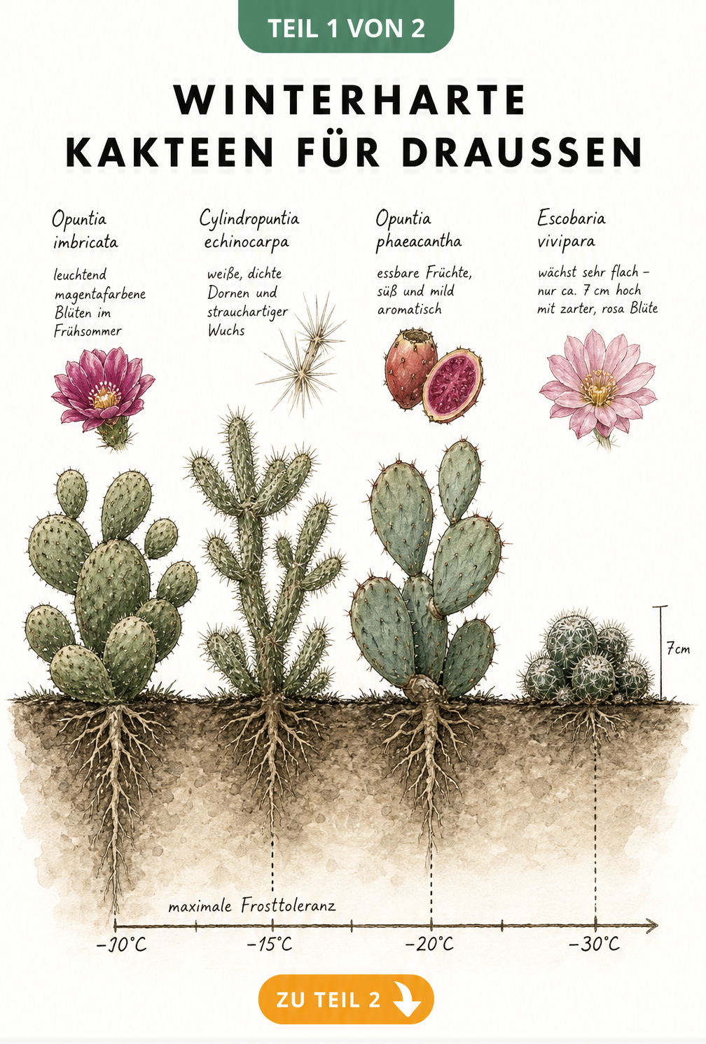 Botanische Illustration von vier winterharten Kakteenarten mit ihren Wurzeln in einer Erdschicht und einer Temperaturskala bis -30 Grad Celsius