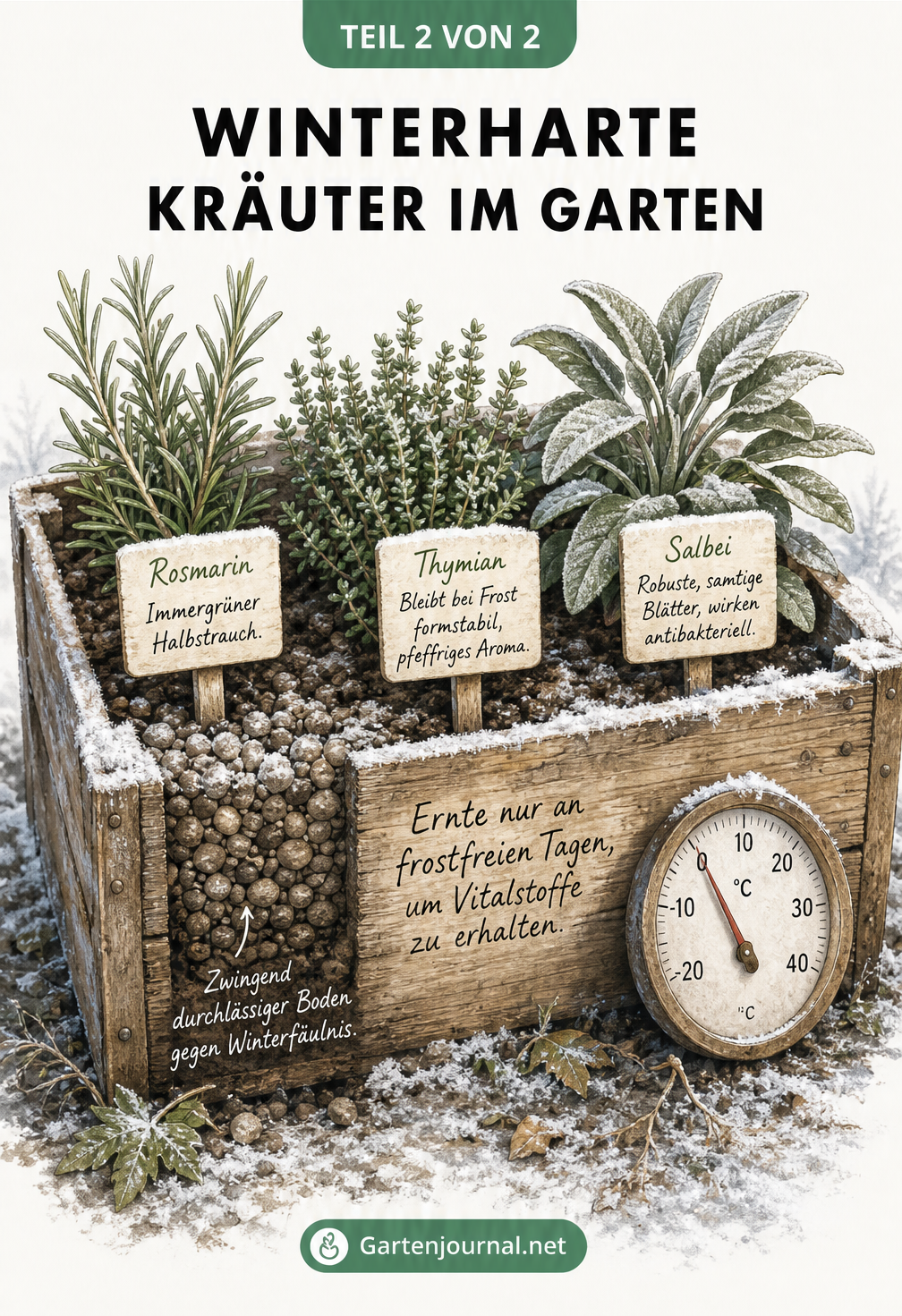 Illustration einer rustikalen Pflanzkiste mit winterharten Kräutern: Rosmarin, kriechender Thymian und Salbei im Frost.