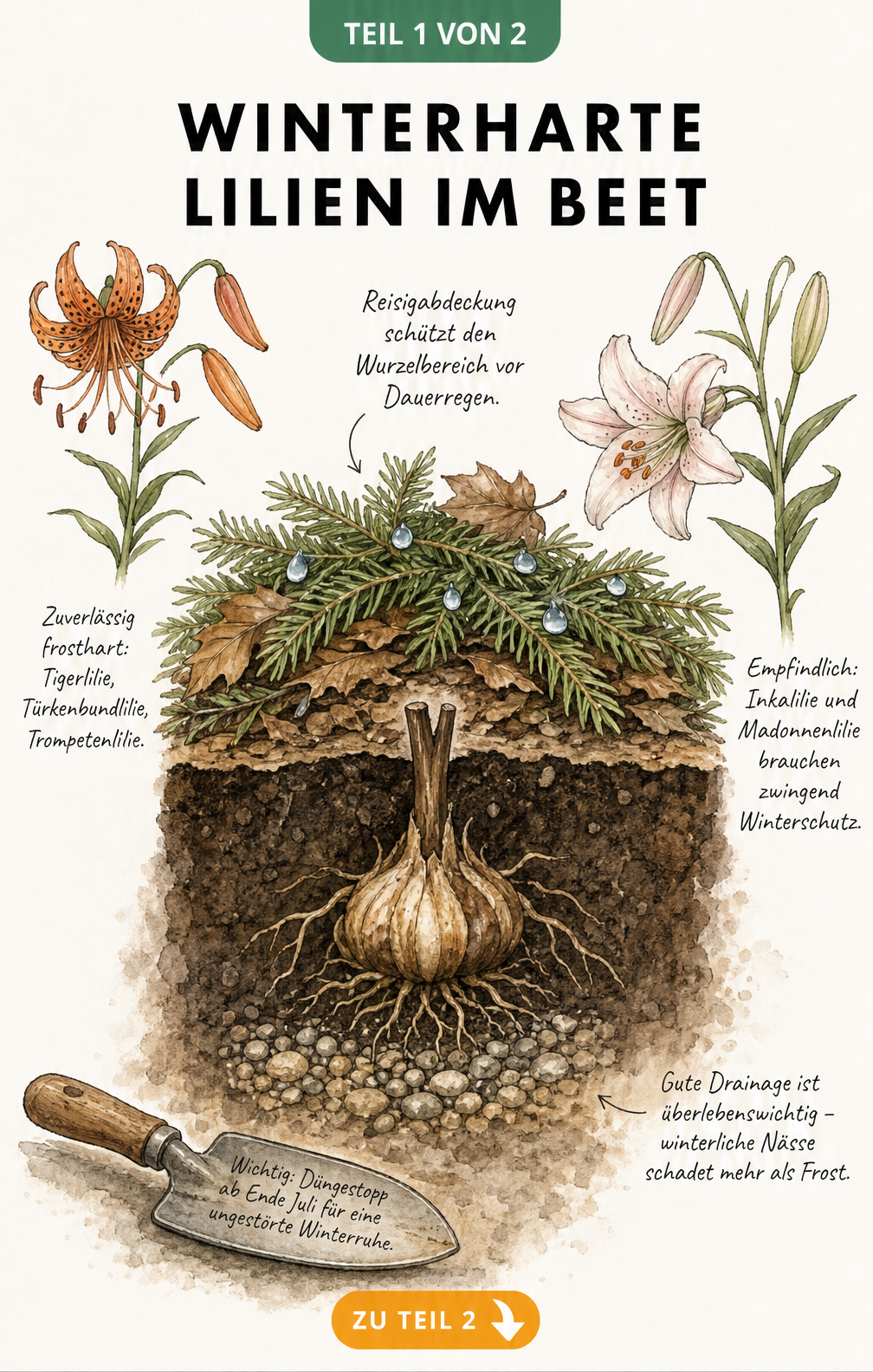 Querschnitt durch ein Gartenbeet im Winter mit einer Lilienzwiebel, Drainage und Reisigabdeckung