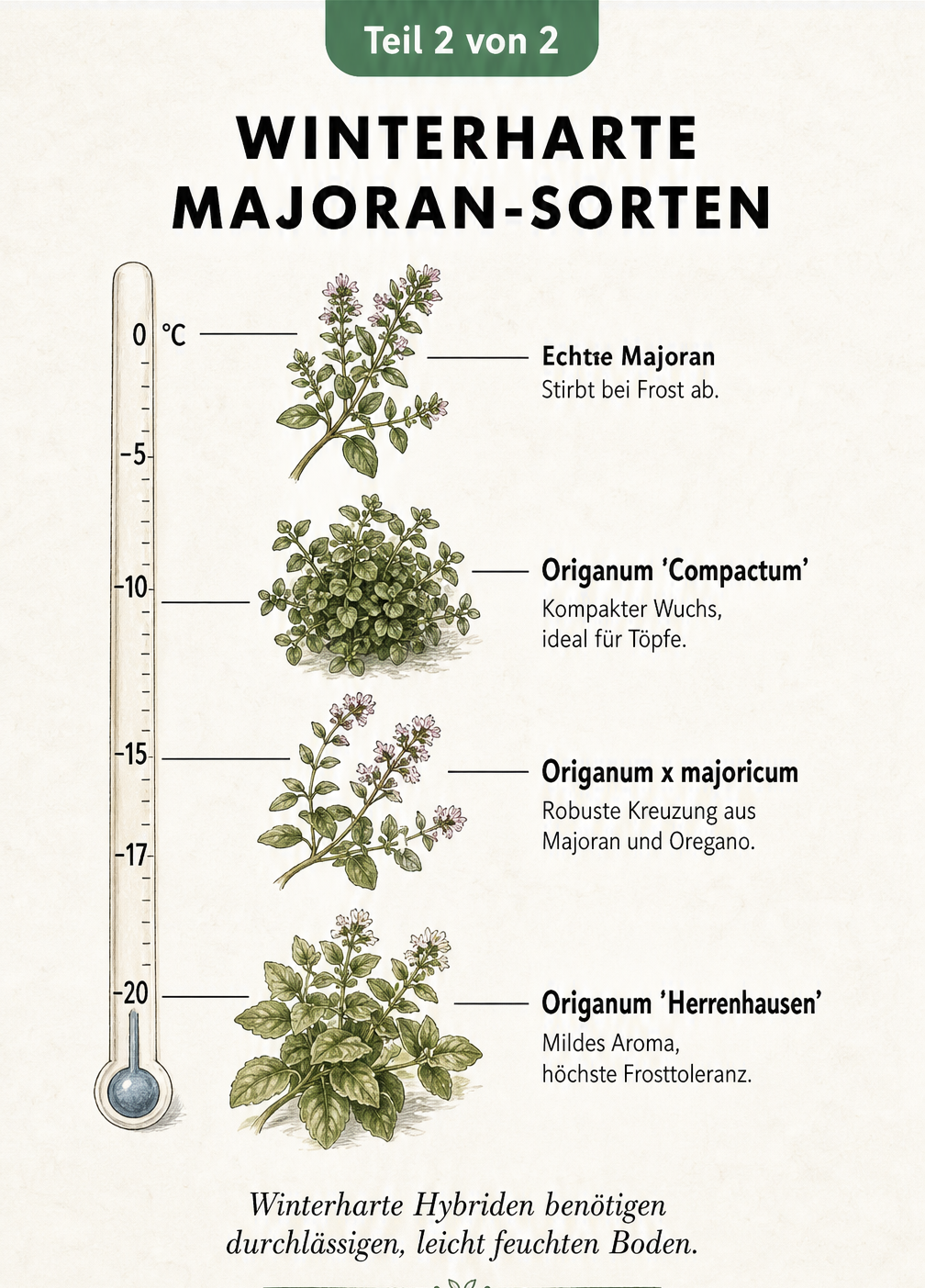 Botanische Darstellung winterharter Majoran-Sorten auf einer Temperaturskala bis minus 20 Grad Celsius