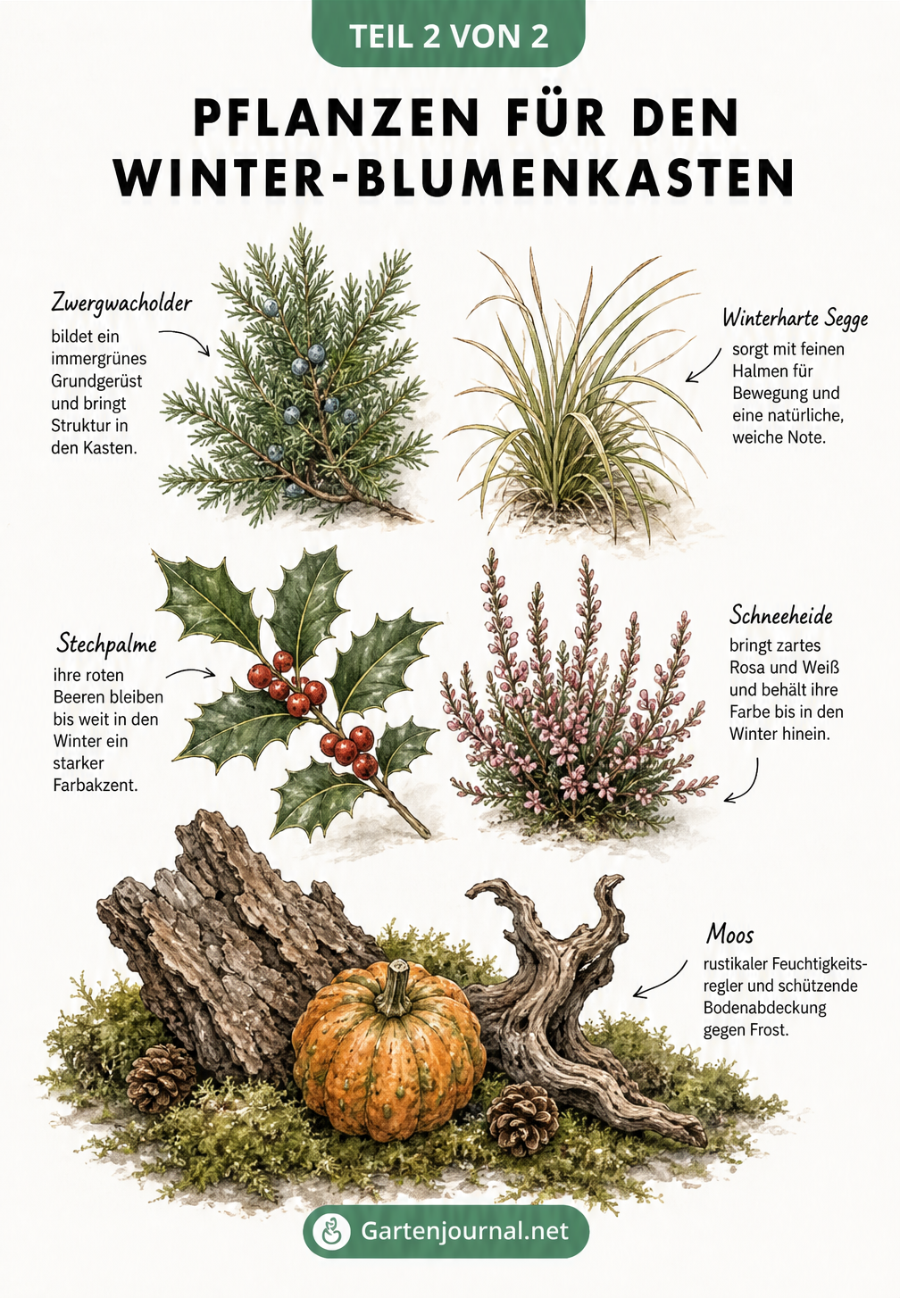 Botanische Illustration von winterharten Pflanzen und Naturmaterialien wie Zwergwacholder, Segge, Stechpalme, Schneeheide, Baumrinde und Zierkürbis
