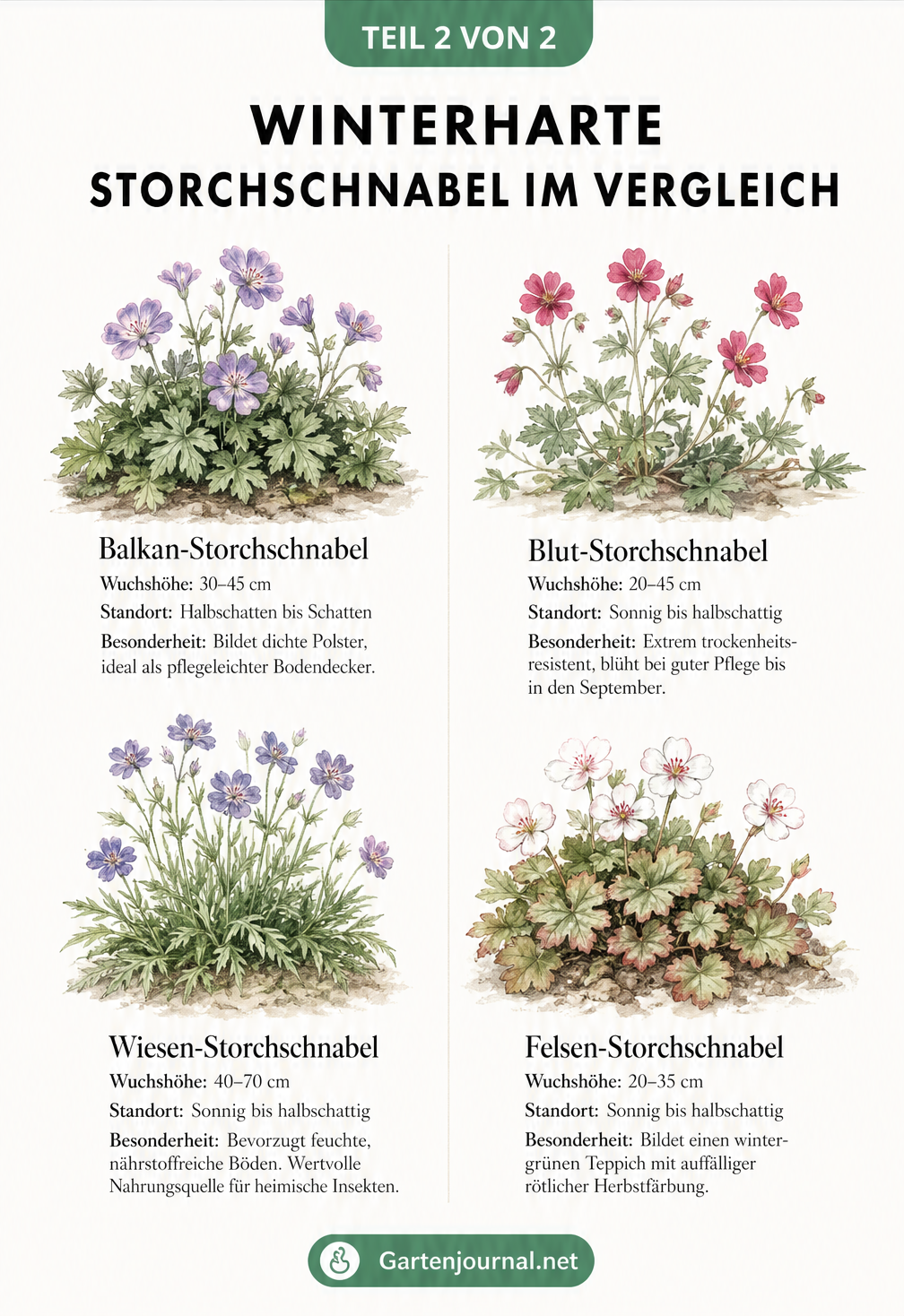 Botanische Lehrtafel mit vier winterharten Storchschnabel-Arten im Vergleich: Balkan-, Blut-, Wiesen- und Felsen-Storchschnabel