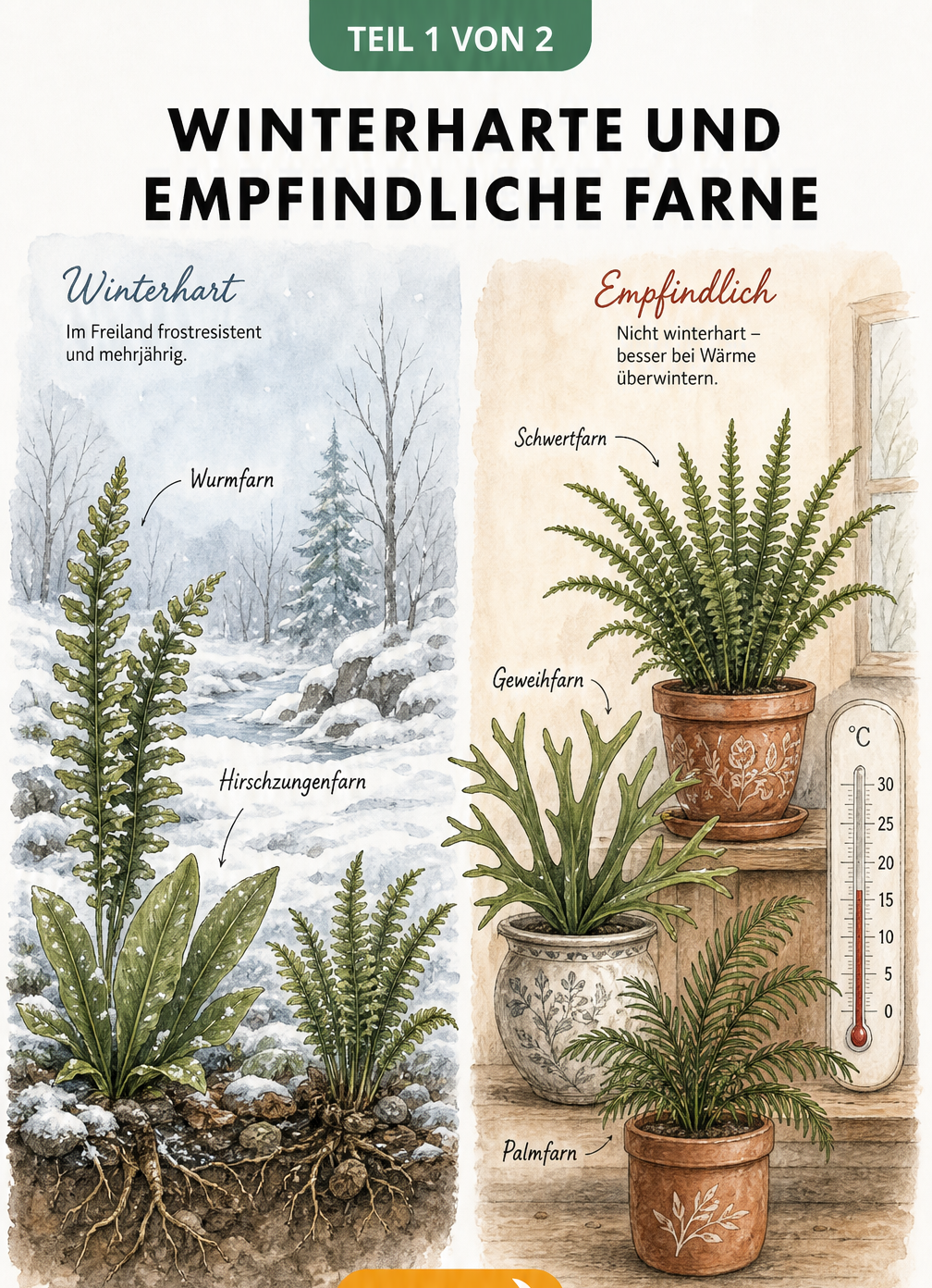Illustration von winterharten Farnen im Schnee und empfindlichen Zimmerfarnen im warmen Raum