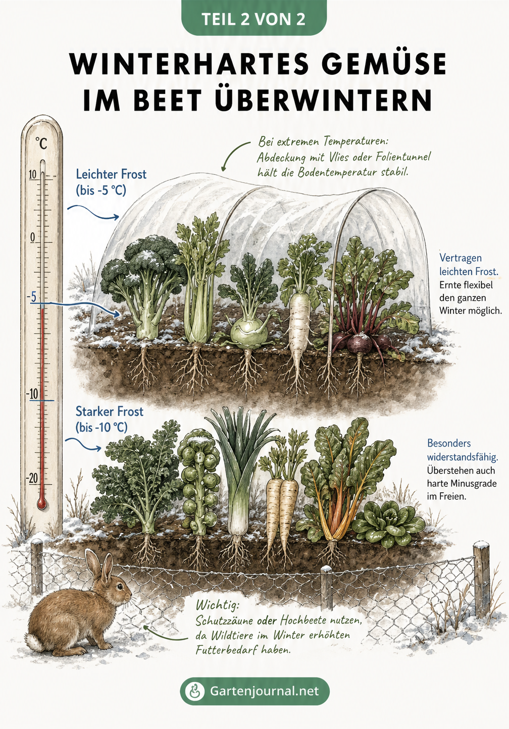 Querschnitt eines Gartenbeets im Winter mit verschiedenen Gemüsesorten und Temperaturangaben.