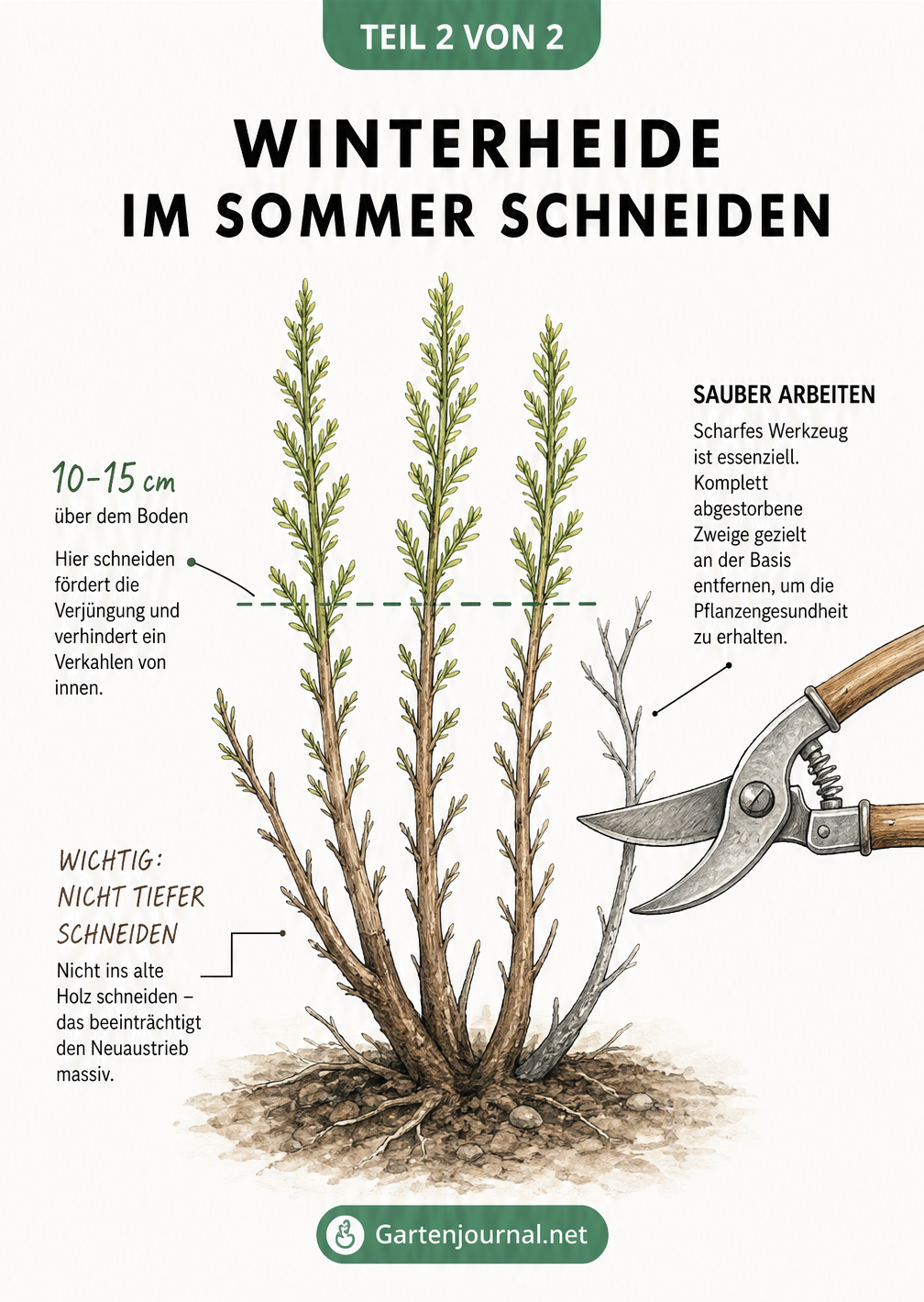 Detaillierte Skizze zum Rückschnitt der Winterheide mit Maßangaben und Hinweisen zum Schneiden mit der Gartenschere