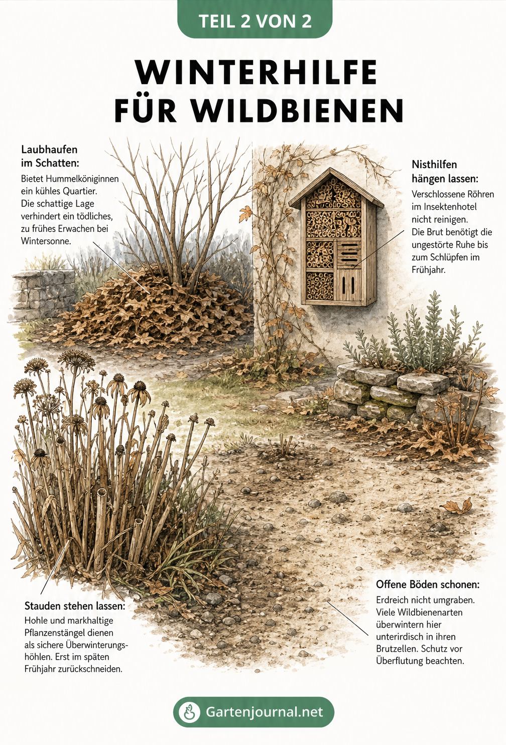 Illustration eines naturnahen Gartens im Spätherbst mit Tipps zur Winterhilfe für Wildbienen wie Stauden stehen lassen und Laubhaufen im Schatten