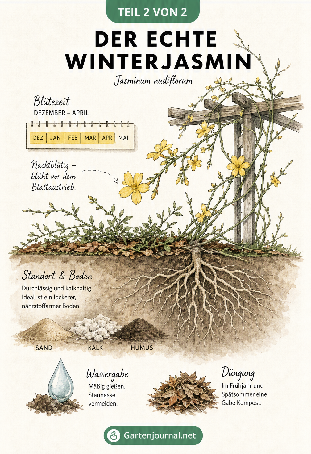 Botanische Zeichnung des Winterjasmins mit gelben Blüten, Wurzelwerk und Pflegehinweisen