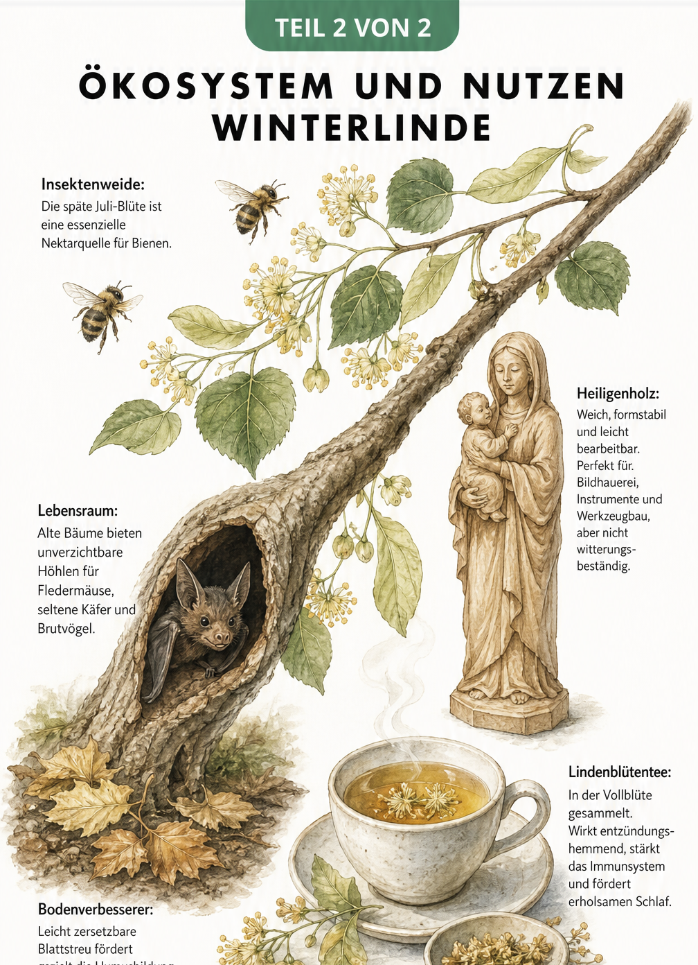 Illustration zum Ökosystem der Winterlinde mit Bienen, Fledermaus und Lindenblütentee