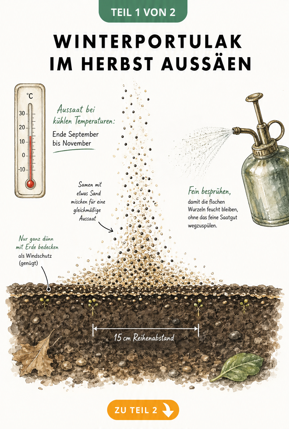 Botanische Querschnitt-Darstellung eines Gartenbeets zur Aussaat von Winterportulak mit Thermometer, Samen, Sand und Wasserflasche