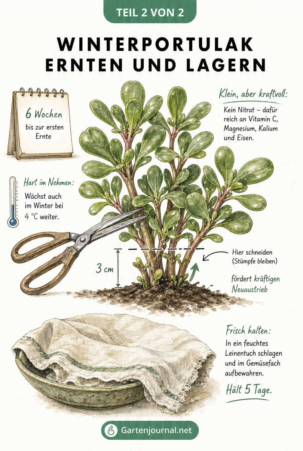 Illustration einer Winterportulak-Rosette mit Gartenschere, Kalender, Nährstoff-Notiz und einer Schale zur Lagerung