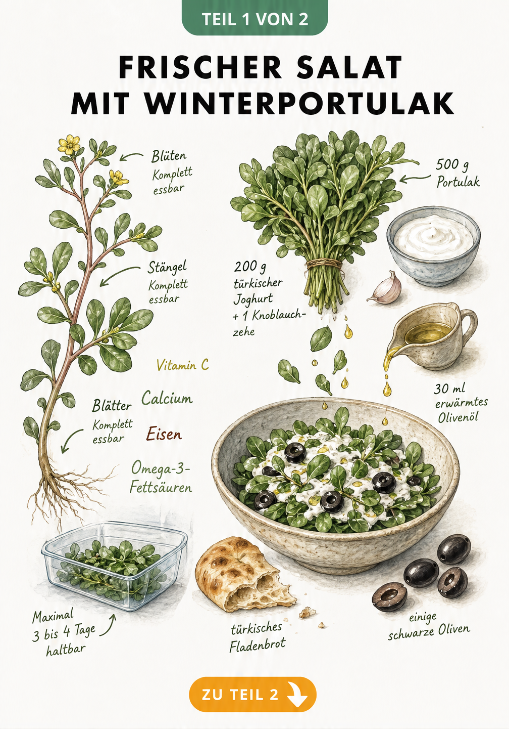 Illustration einer Winterportulak-Pflanze mit Nährstoffen und Zutaten für einen türkischen Salat