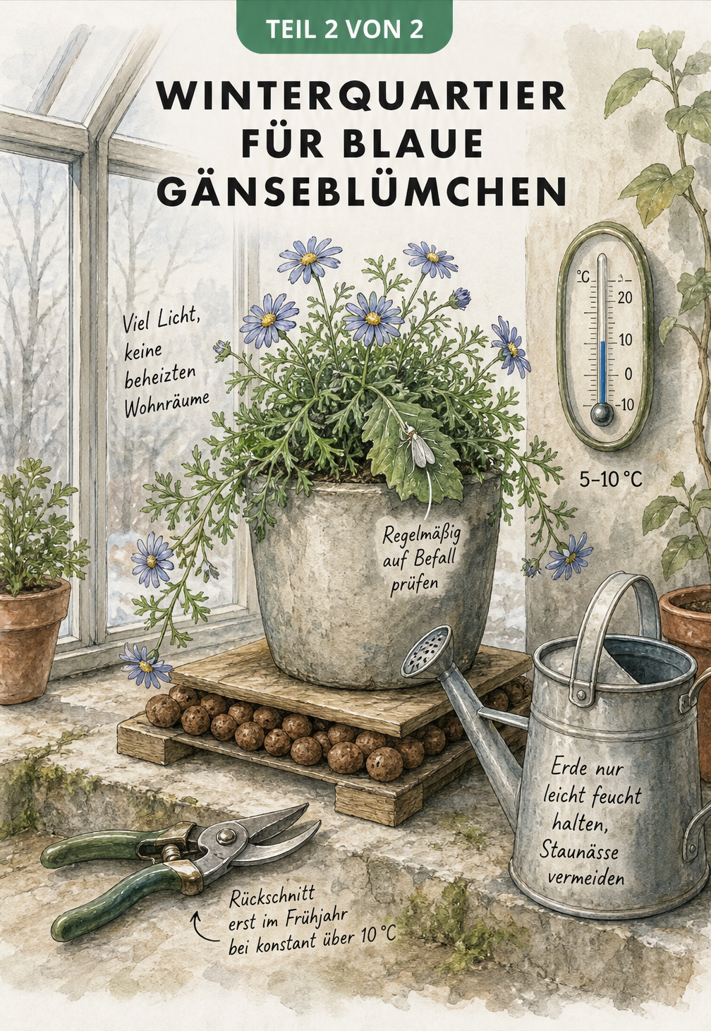 Illustration eines Winterquartiers für blaue Gänseblümchen mit Pflegehinweisen