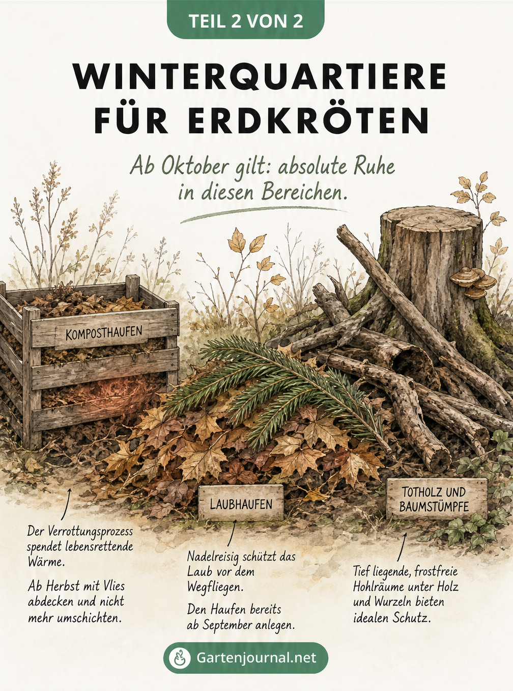 Aquarell-Illustration eines Gartens mit Kompost, Laubhaufen und Baumstumpf als Winterquartiere für Erdkröten.