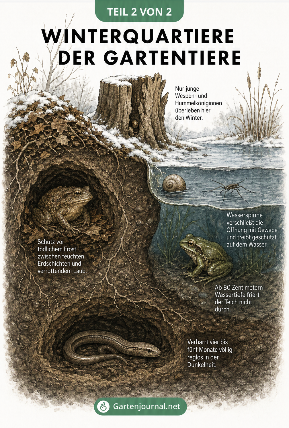 Querschnitt eines winterlichen Gartens mit Verstecken von Wespenkönigin, Erdkröte, Teichfrosch, Wasserspinne und Blindschleiche