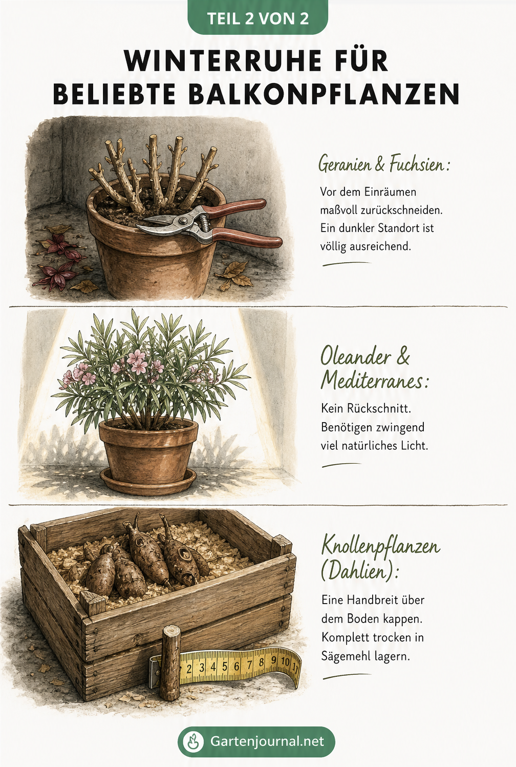 Illustration von Geranien, Oleander und Dahlienknollen mit spezifischen Pflegehinweisen zur Winterruhe