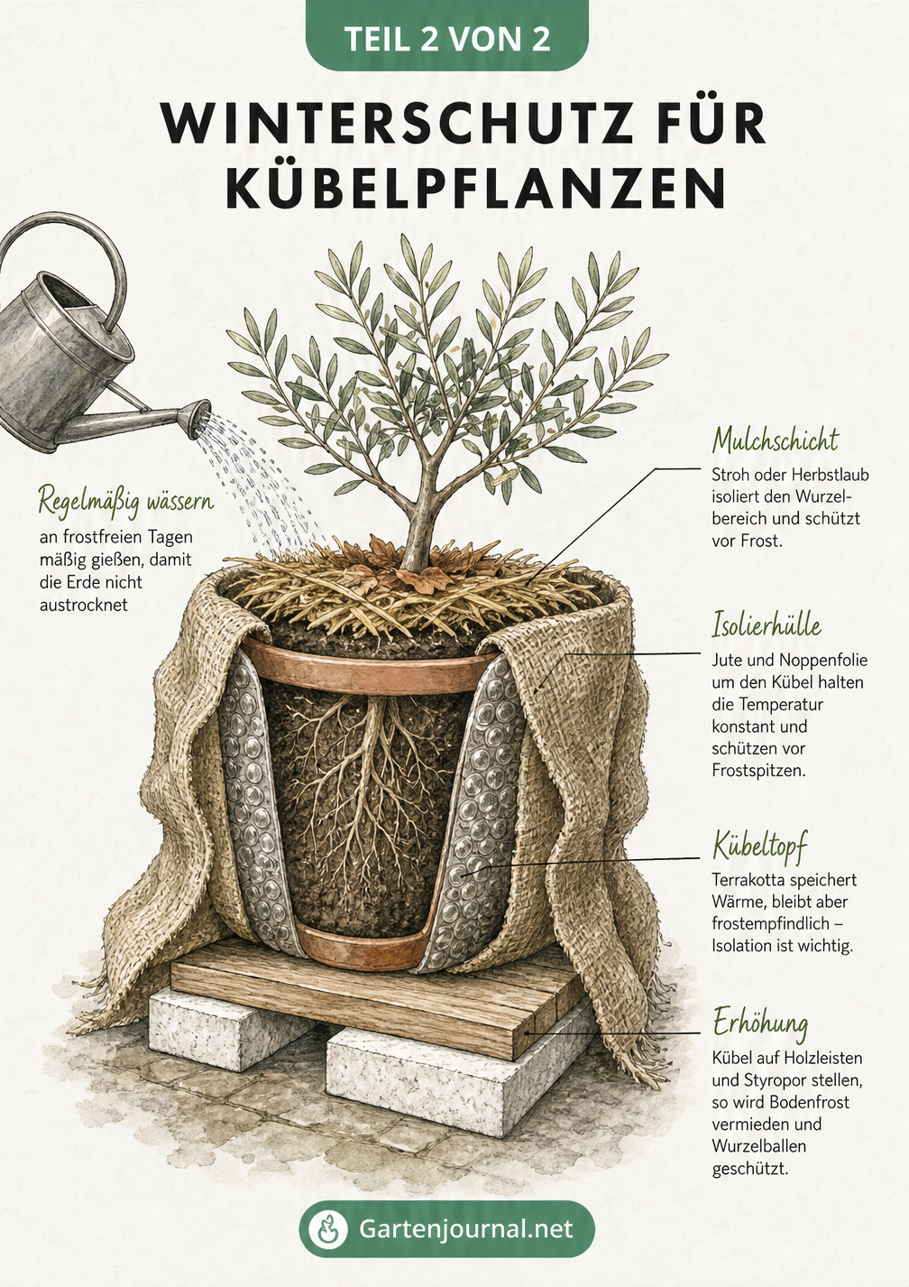 Schnittzeichnung eines Pflanzkübels im Winter mit Schutzschichten aus Jute, Noppenfolie, Stroh und Laub