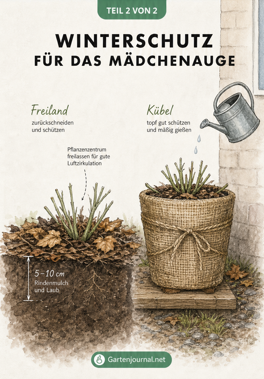 Querschnitt durch Gartenboden und Kübel mit Winterschutz für das Mädchenauge