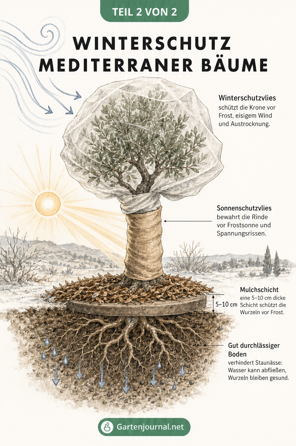 Schnittzeichnung eines Baumes mit Winterschutzmaßnahmen: Winterschutzvlies für die Krone, Sonnenschutz für den Stamm und Mulchschicht über den Wurzeln
