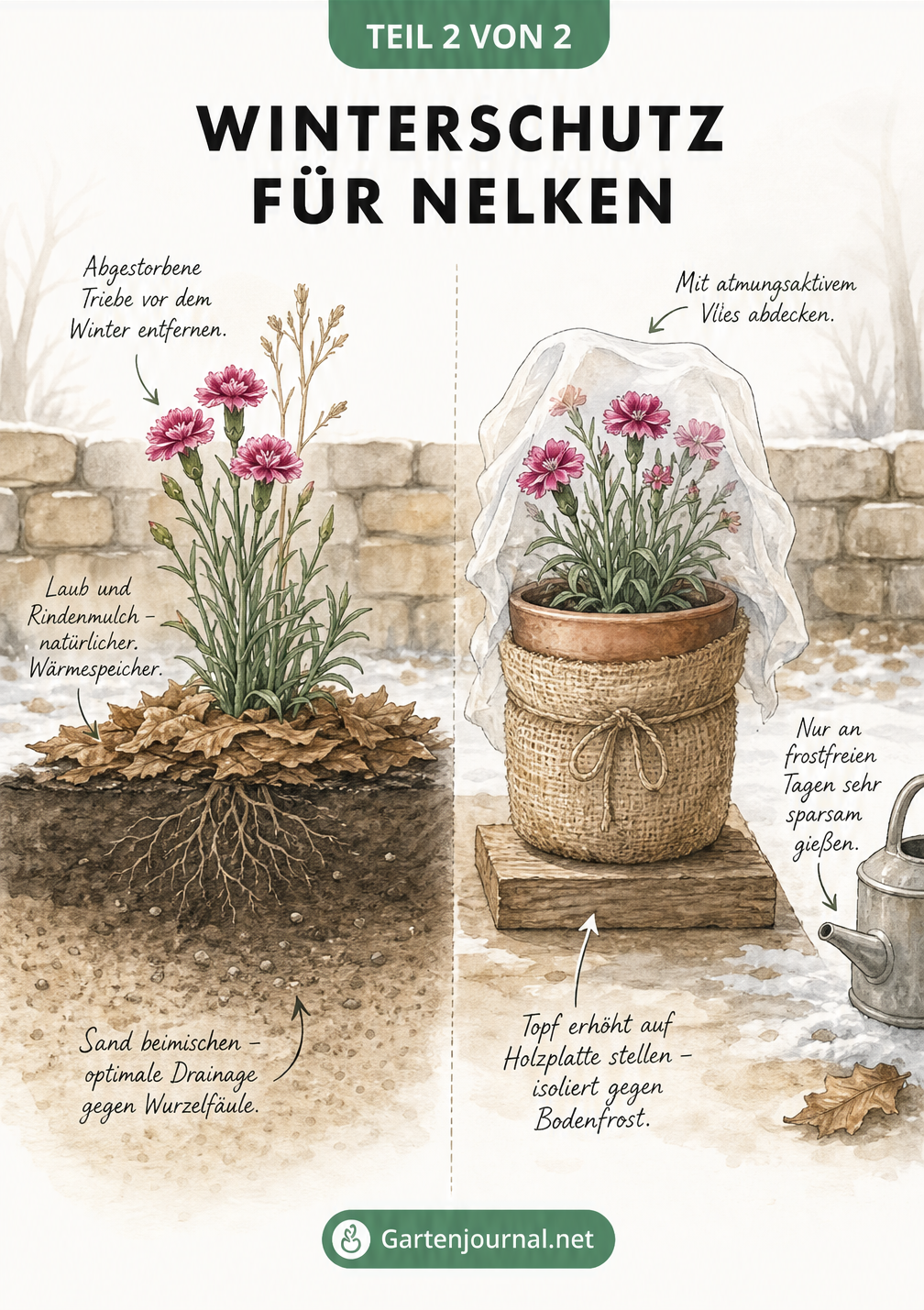 Schnittgrafik einer Nelke im Gartenbeet mit Mulchschicht und einer Nelke im Pflanztopf mit Vlies und isolierender Unterlage als Winterschutz.