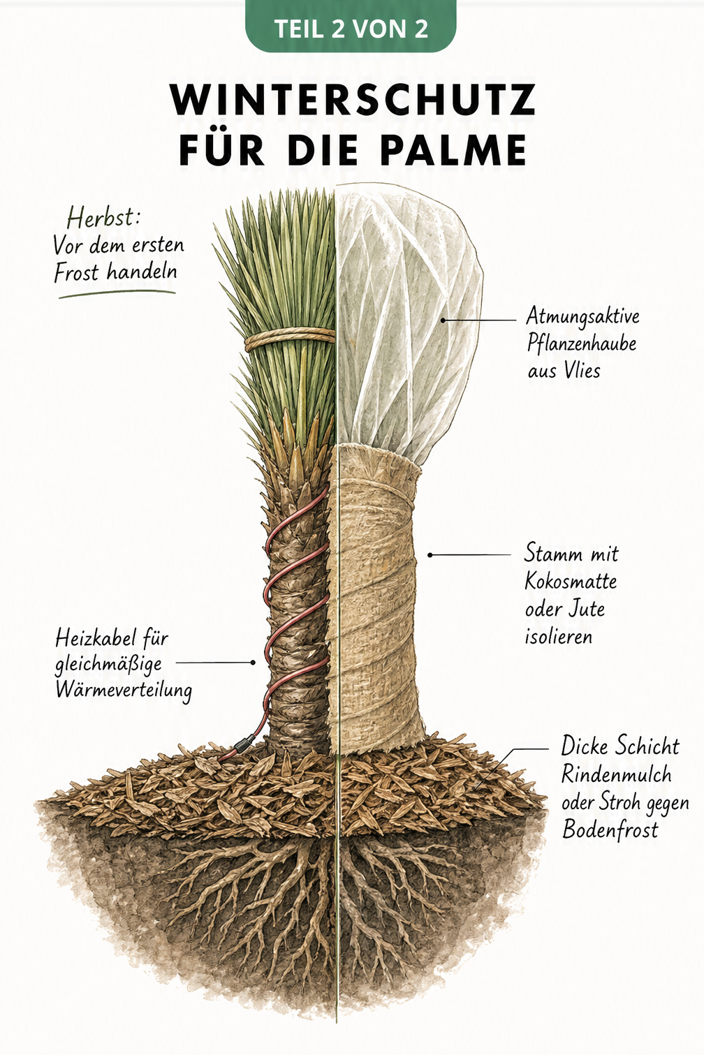Anatomische Schnittzeichnung einer Palme im Winterquartier mit Vlieshaube, isoliertem Stamm und gemulchtem Wurzelbereich.