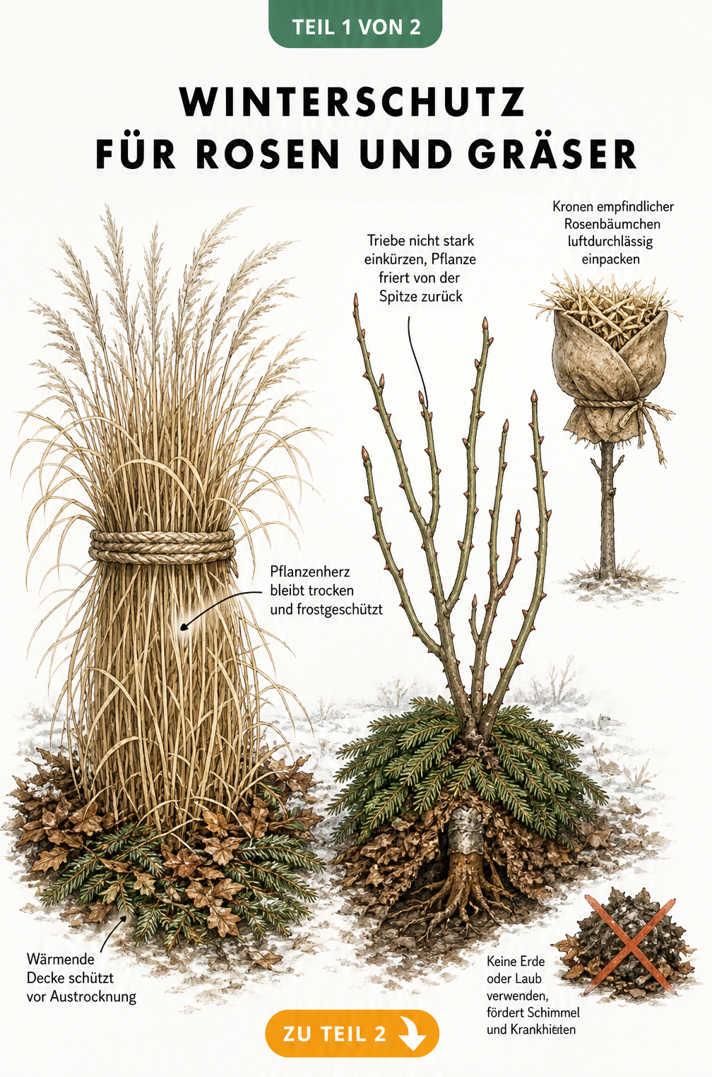 Illustration eines Ziergrases, das mit Kokosstrick zusammengebunden ist, und eines Rosenstrauchs mit abgedeckter Veredelungsstelle.