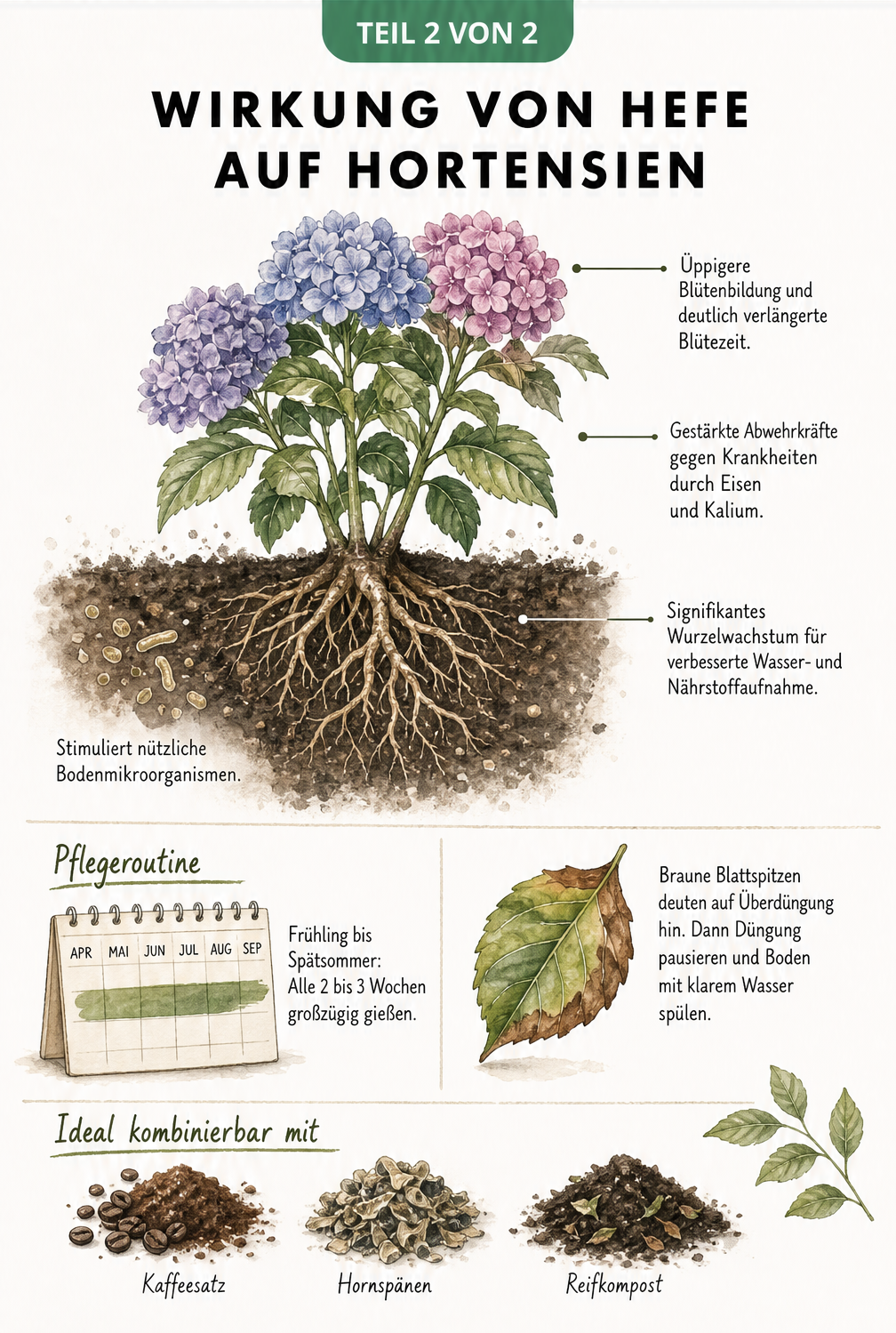 Illustration einer blühenden Hortensie, die die positiven Effekte von Hefedünger auf Blüten, Blätter und Wurzeln zeigt