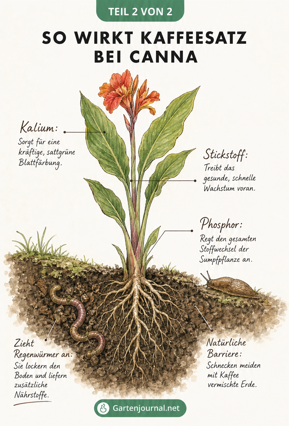 Botanische Zeichnung einer Canna, die die Wirkung von Nährstoffen aus Kaffeesatz zeigt