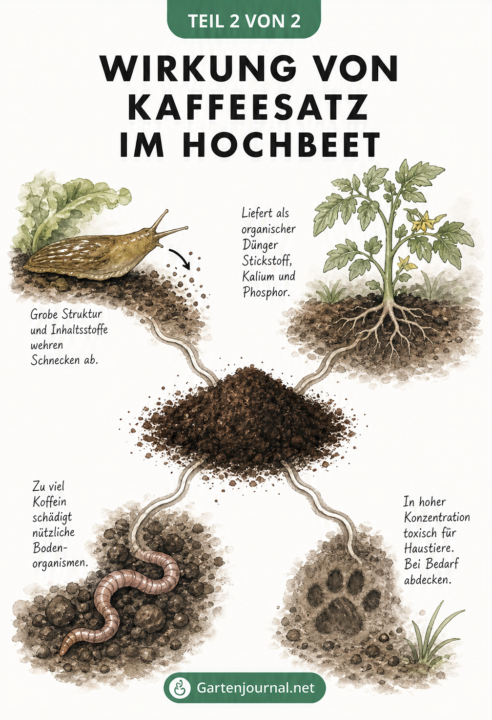 Botanik-Tafel zeigt die Wirkung von Kaffeesatz im Hochbeet als Dünger und Schneckenschreck, warnt aber vor Überdosierung für Regenwürmer und Haustiere.