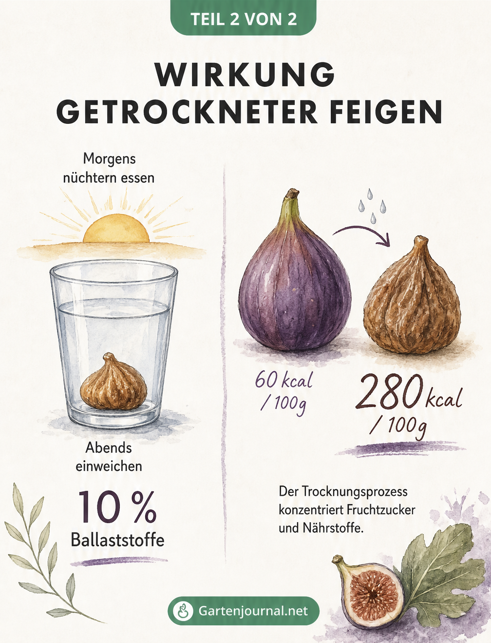 Gegenüberstellung von frischen und getrockneten Feigen sowie einem Wasserglas zur Veranschaulichung der Verdauungswirkung und Energiedichte