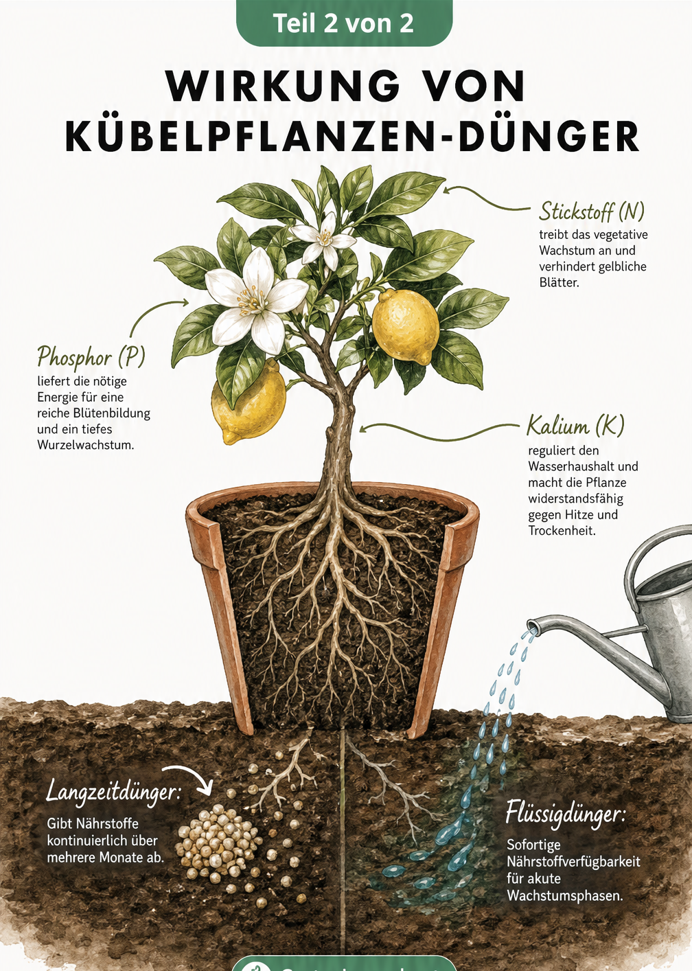 Anatomische Illustration eines Zitrusbäumchens im Querschnitt, die die Wirkung von Stickstoff, Phosphor und Kalium sowie den Unterschied zwischen Langzeit- und...