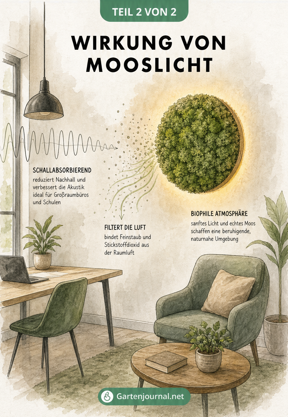 Illustration einer Raumecke mit Moosleuchte, die Schallabsorption und Luftfilterung von Feinstaub zeigt