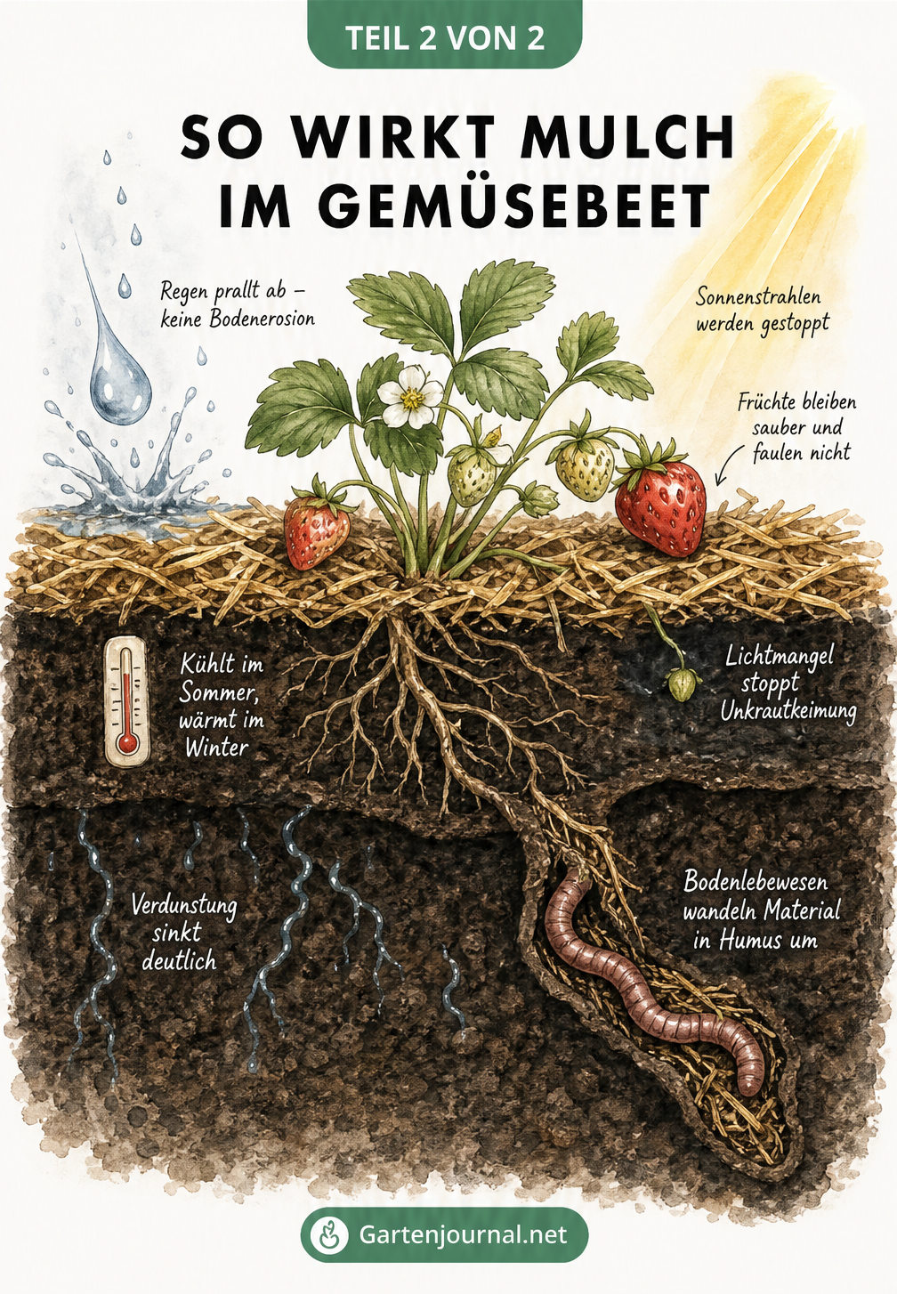 Querschnitt durch einen Gartenboden mit Erdbeerpflanze, der die Wirkung von Mulch zeigt: Schutz vor Regen, Temperaturregulierung und Förderung von...