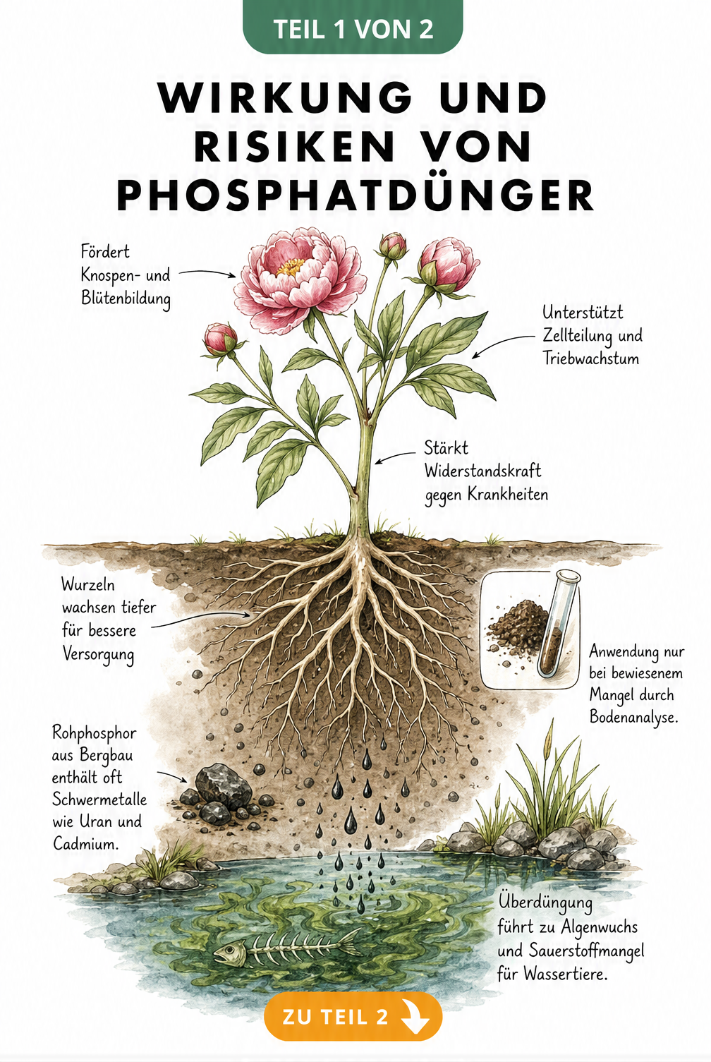 Illustration einer Pflanze mit Wurzeln im Boden, die die Wirkung und Umweltrisiken von Phosphatdünger zeigt