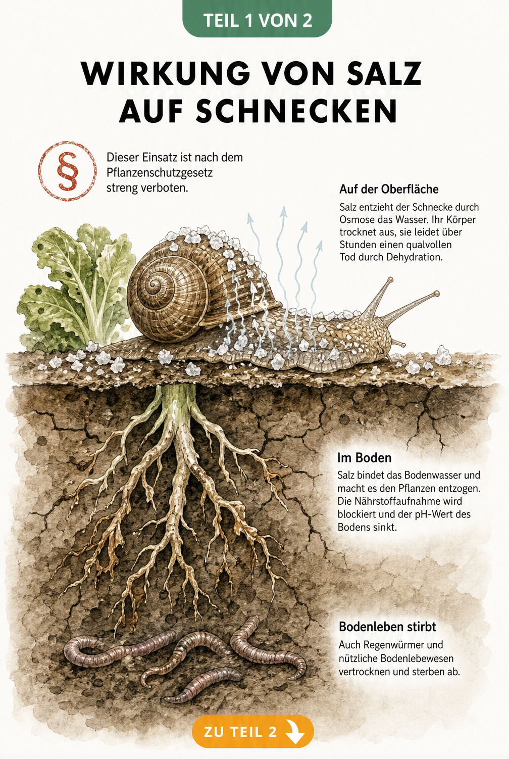 Querschnitt eines Gartenbeets zeigt die tödliche Wirkung von Salz auf Schnecken und die Austrocknung von Pflanzenwurzeln und Bodenlebewesen