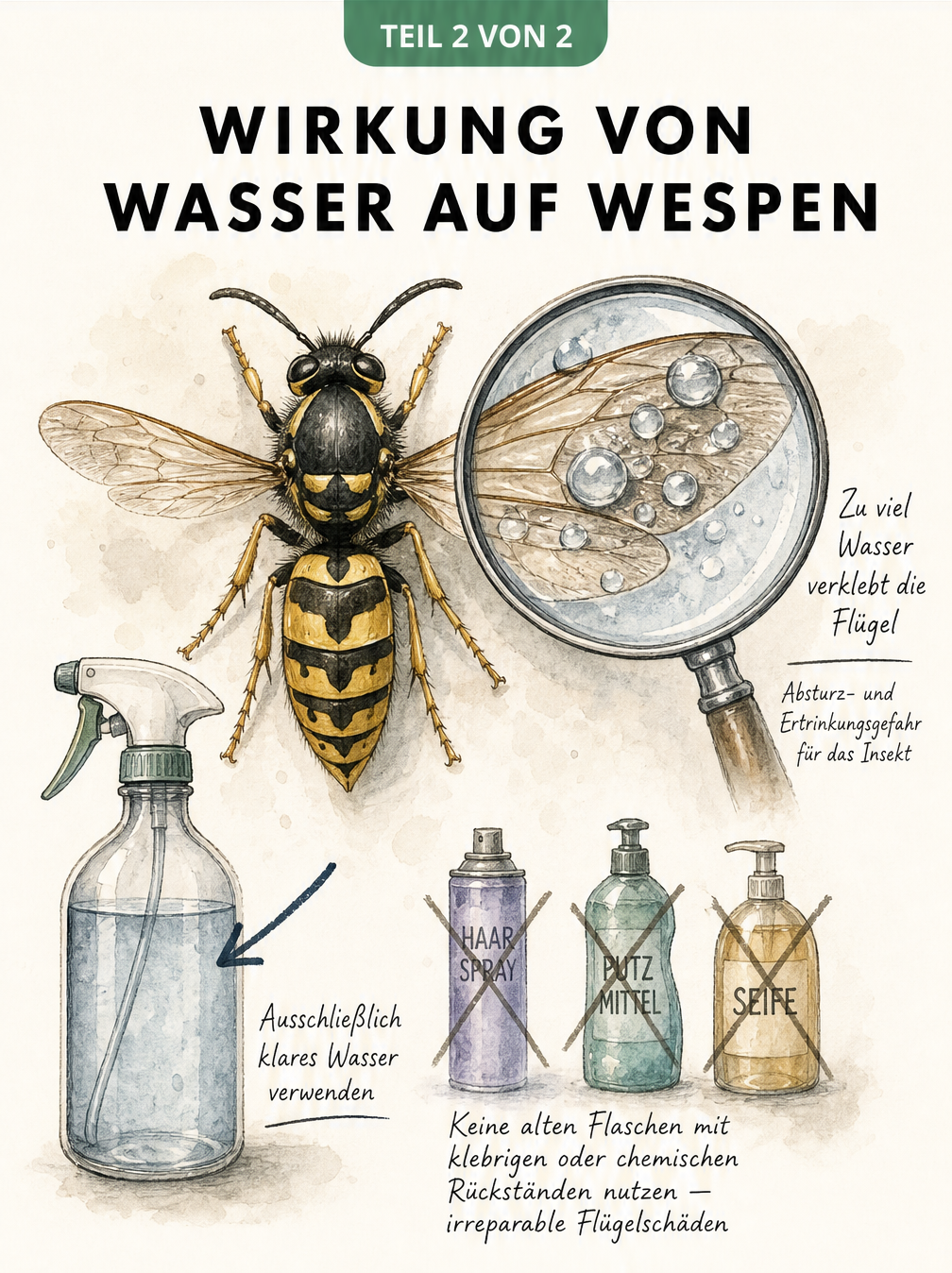 Schnittzeichnung einer Wespe mit Wassertropfen auf dem Flügel und einer Sprühflasche mit klarem Wasser.