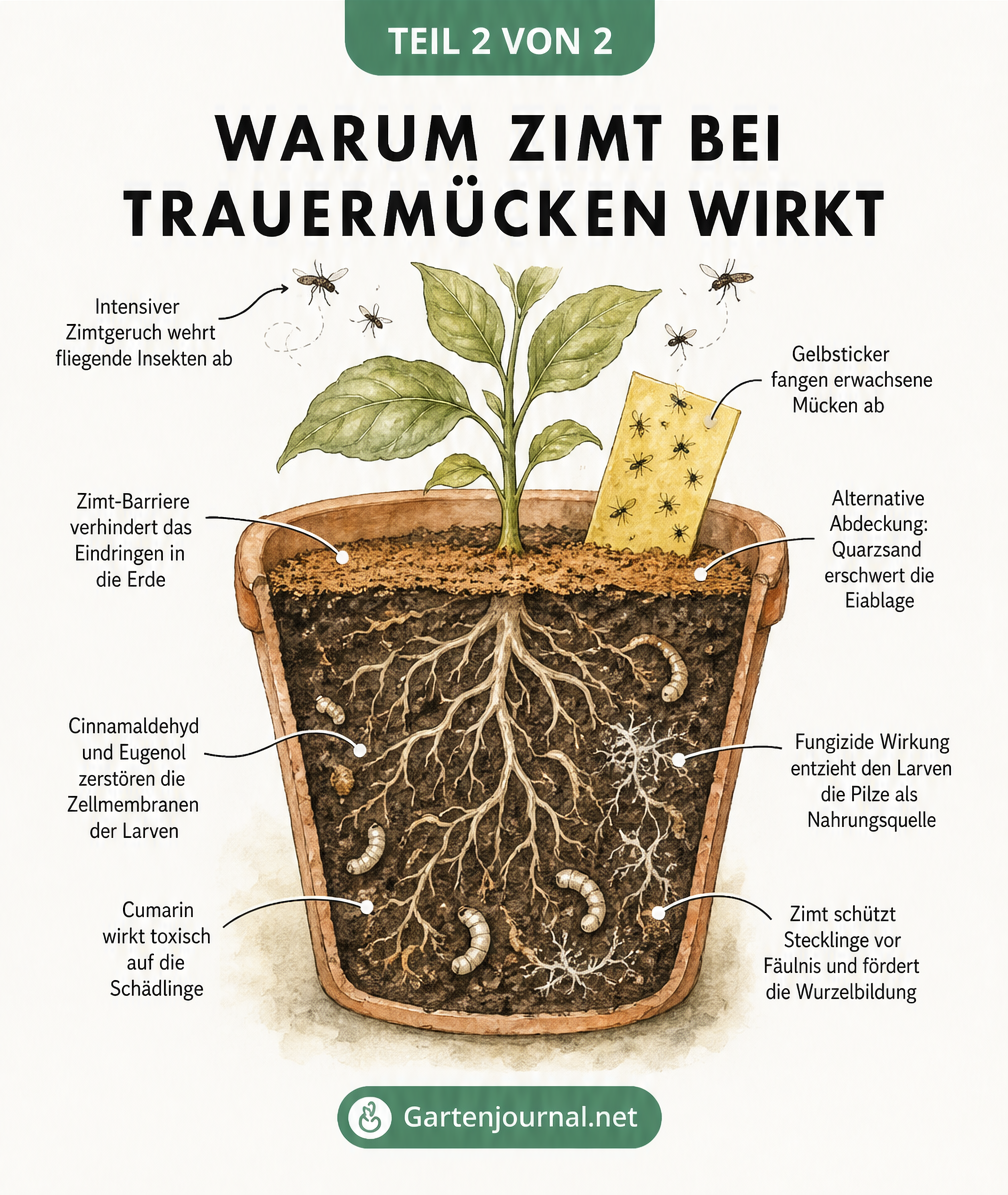 Querschnitt eines Blumentopfs, der die Wirkung von Zimt gegen Trauermückenlarven in der Erde und fliegende Mücken zeigt.