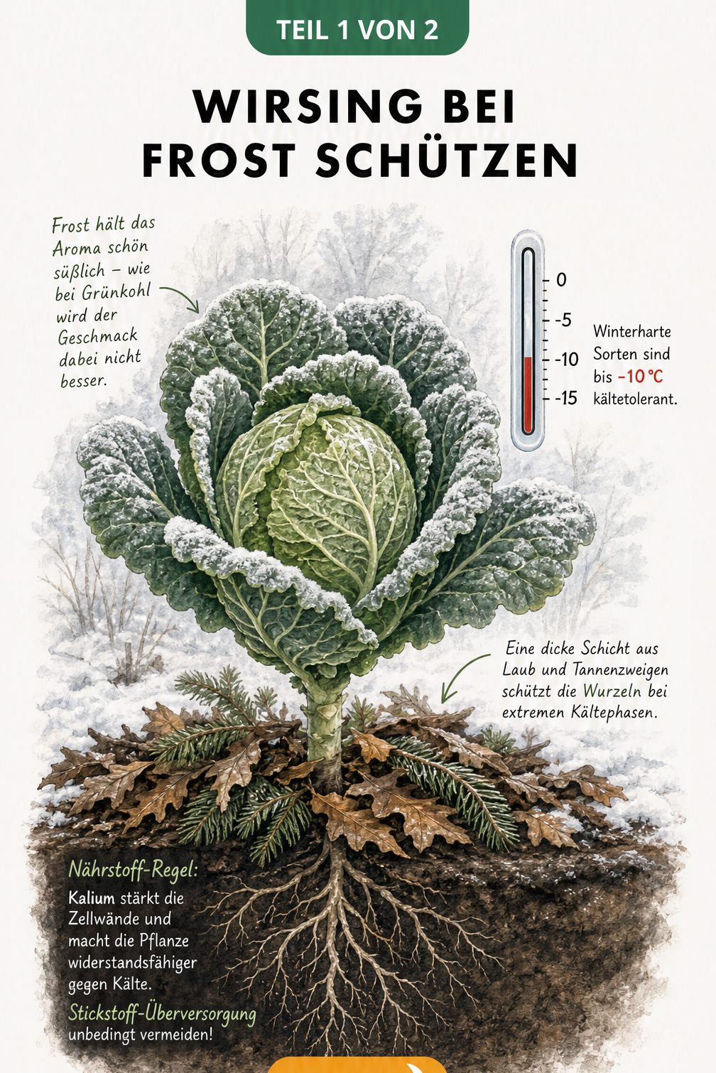 Illustration einer Wirsingpflanze im Winterbeet mit Thermometer bei -10 Grad und Wurzelschutz aus Laub