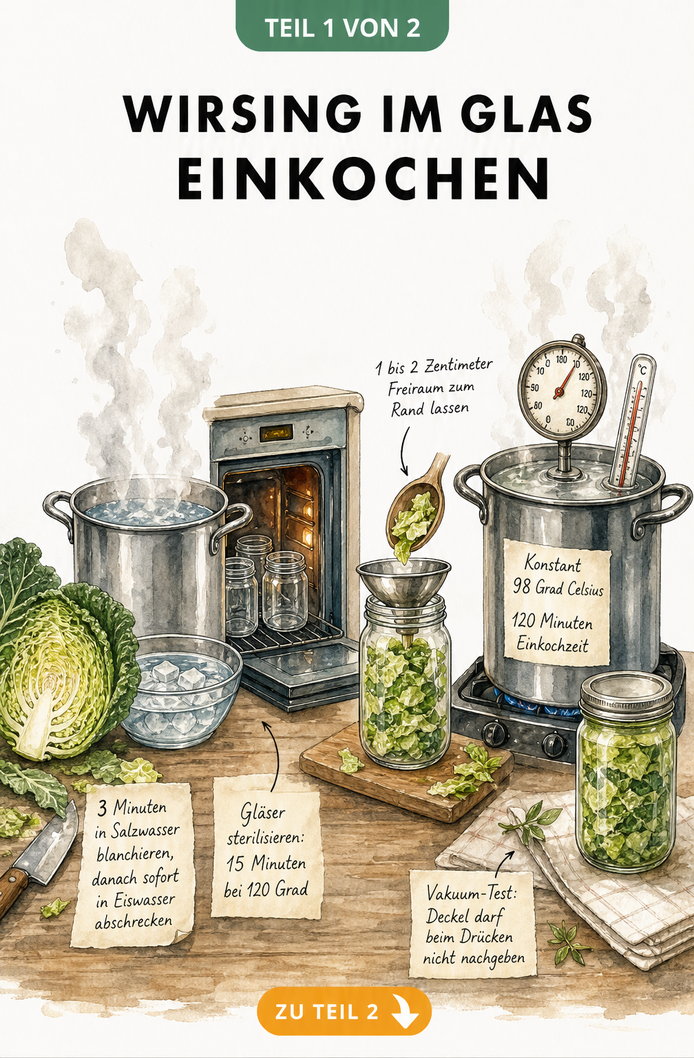 Illustration der Vorbereitung und des Einkochens von Wirsing im Glas mit Topf, Backofen und Einkochtopf