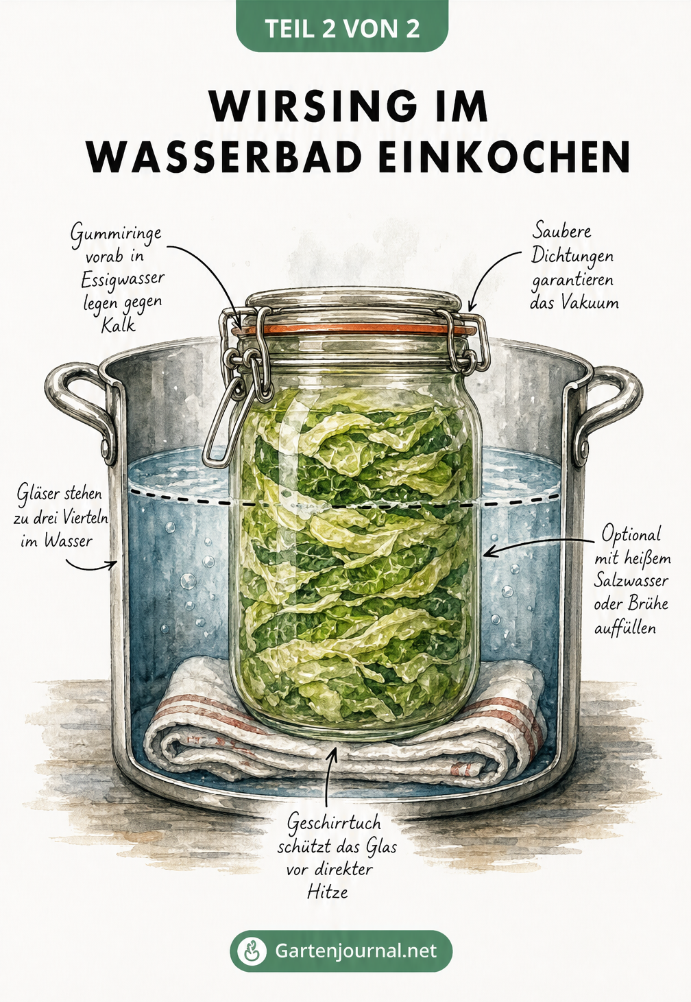 Schnittzeichnung eines Einkochtopfs mit einem Einmachglas voller Wirsing im Wasserbad