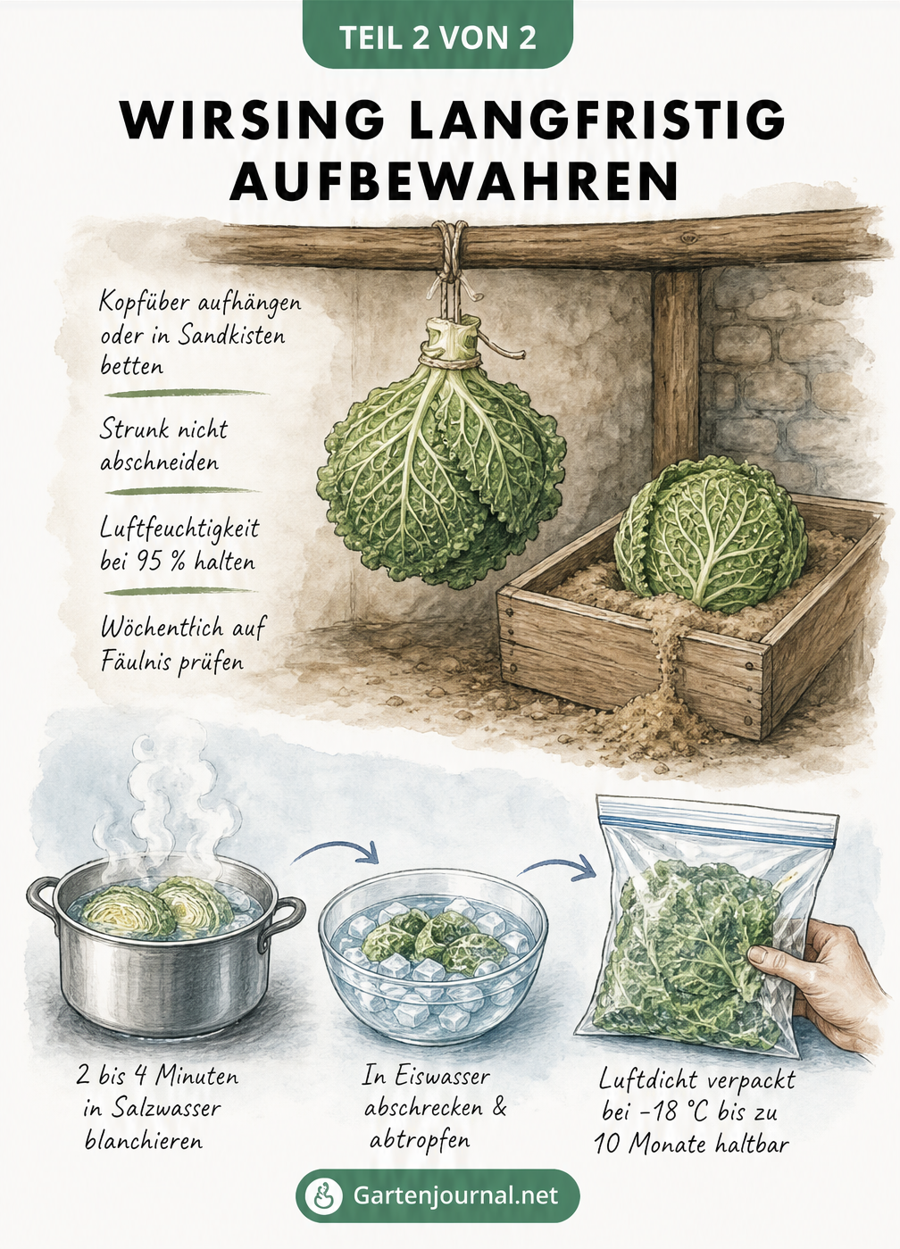 Illustration zur langfristigen Aufbewahrung von Wirsing im Keller und durch Einfrieren