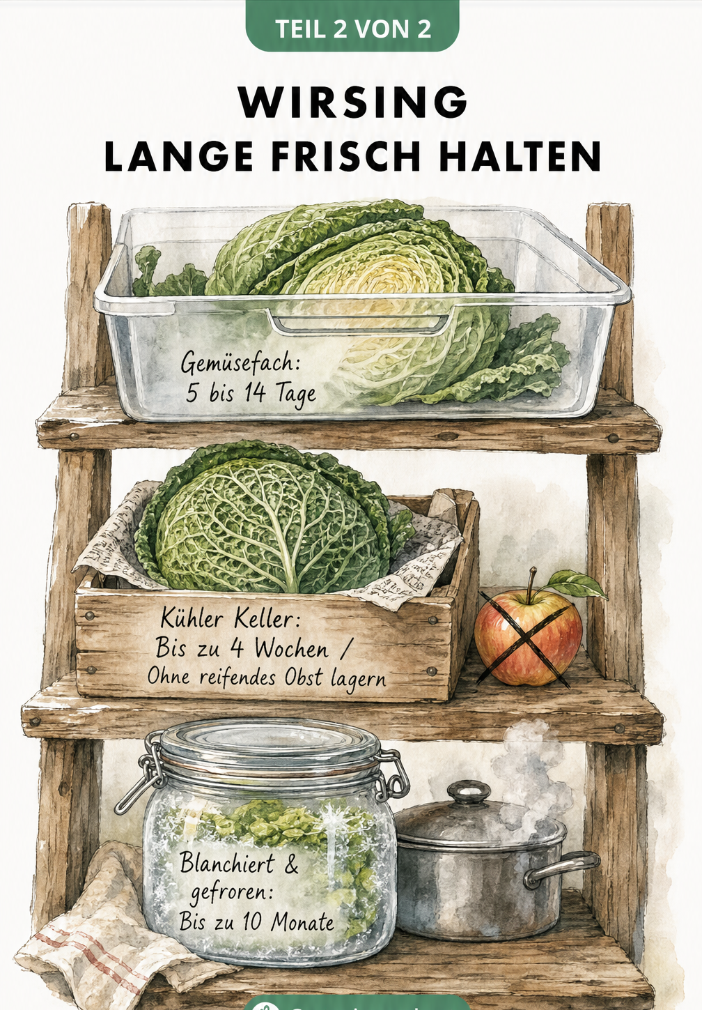 Illustration eines Holzregals mit Tipps zur Lagerung von Wirsing im Kühlschrank, Keller und eingefroren