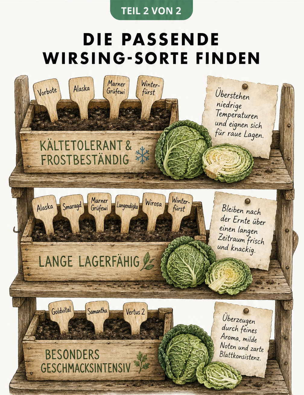 Illustration eines hölzernen Pflanzregals mit drei Kisten, die Wirsing-Sorten nach Kältetoleranz, Lagerfähigkeit und Geschmacksintensität sortieren.