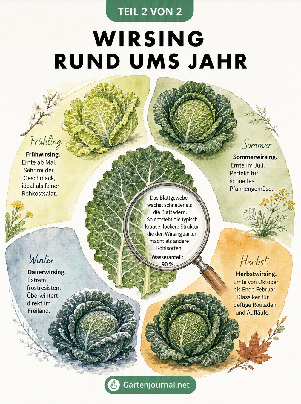Jahreskreis-Illustration der vier Wirsingsorten: Frühwirsing, Sommerwirsing, Herbstwirsing und Dauerwirsing